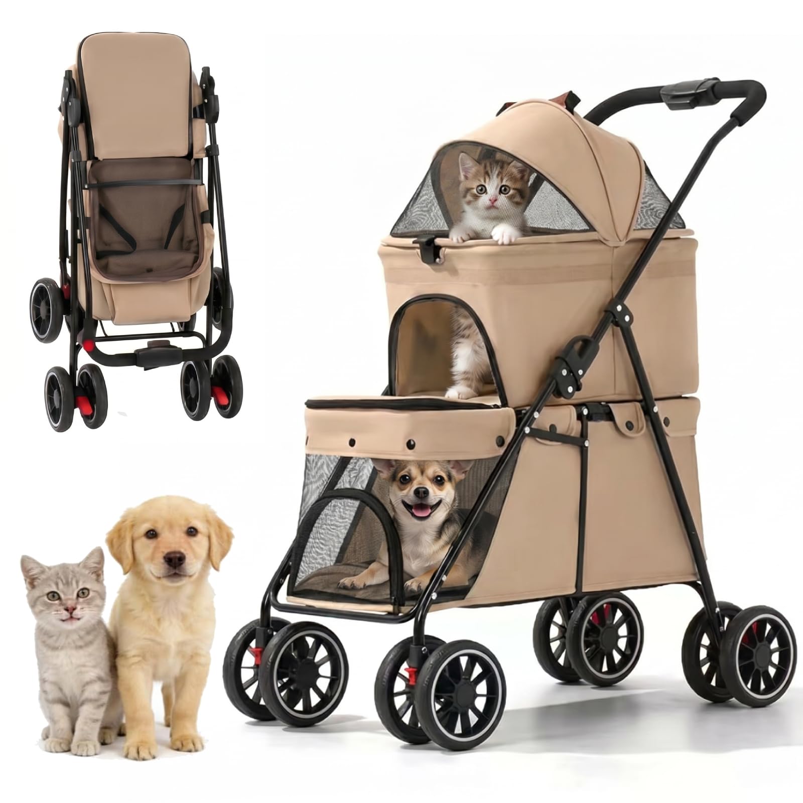 Passeggino doppio per gatti e cani di piccola taglia, pieghevole, 2 carrozzine, portatile, 4 in 1, passeggino per animali domestici, 4 ruote, per primavera, estate, viaggi, campeggio
