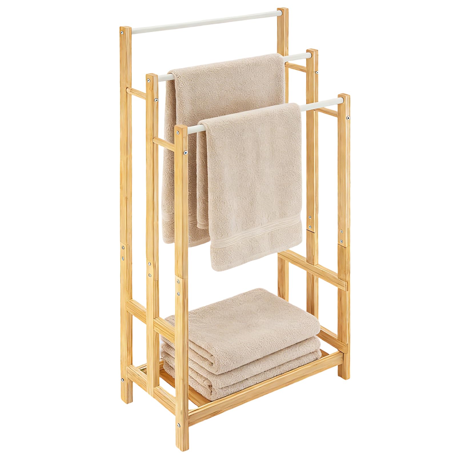 EVERGOODS Freestanding Towel Rack, Extra Long Towel Rack Solid Wood Towel Holder Drying Stand with 3 Towel Rails and Storage Shelf, Bathroom Accessory Organizer Heavy Duty Multi-Purpose Blanket Ladde