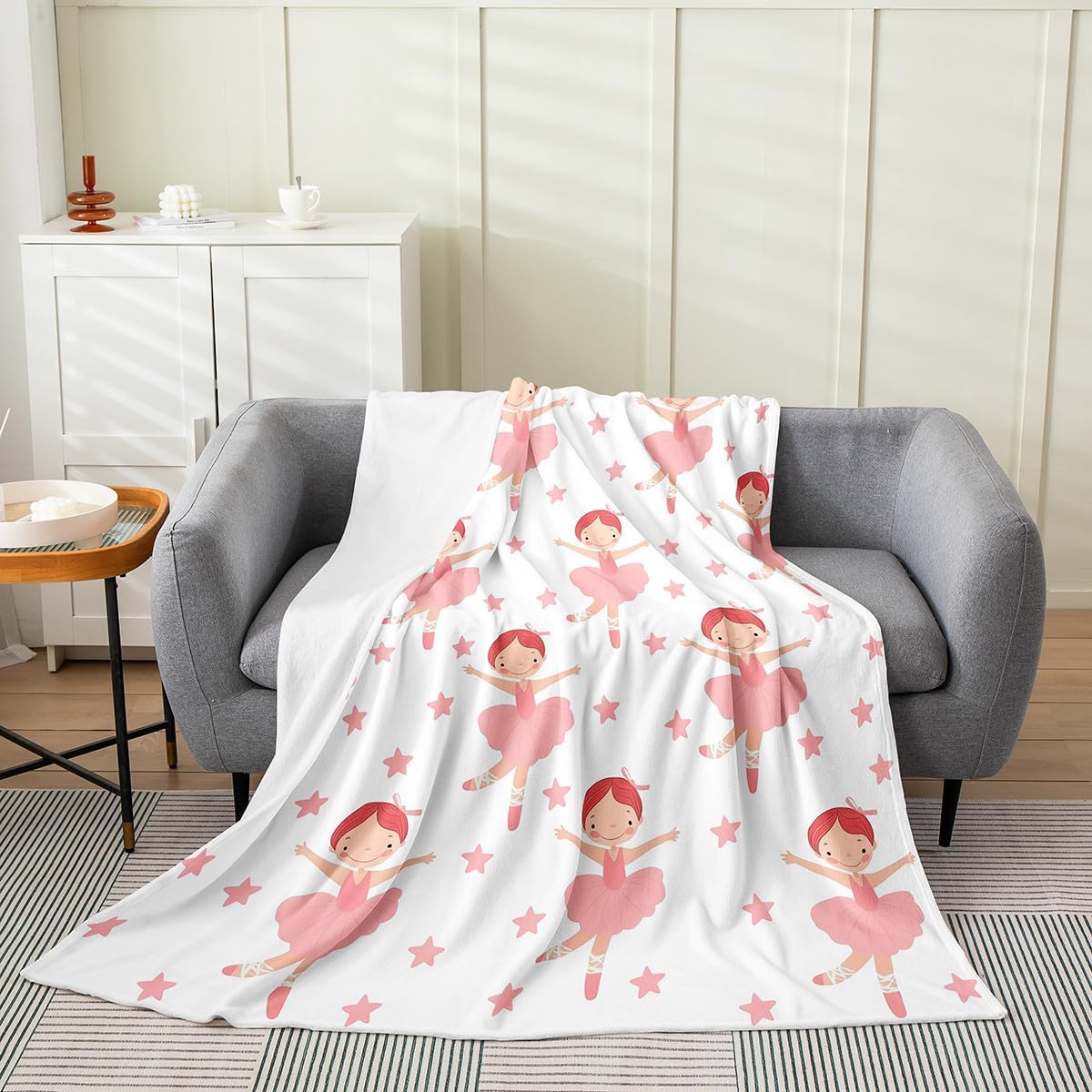 jejeloiu Pink Ballerina Kids Fleece Throw Blanket,Boys Girls Twin 60"x80",Cute Cartoon Ballet Dance Girl Flannel Blanket Plush Fuzzy,Star Print Soft for Bed Couch Chair,Dancer Love Gymnastics