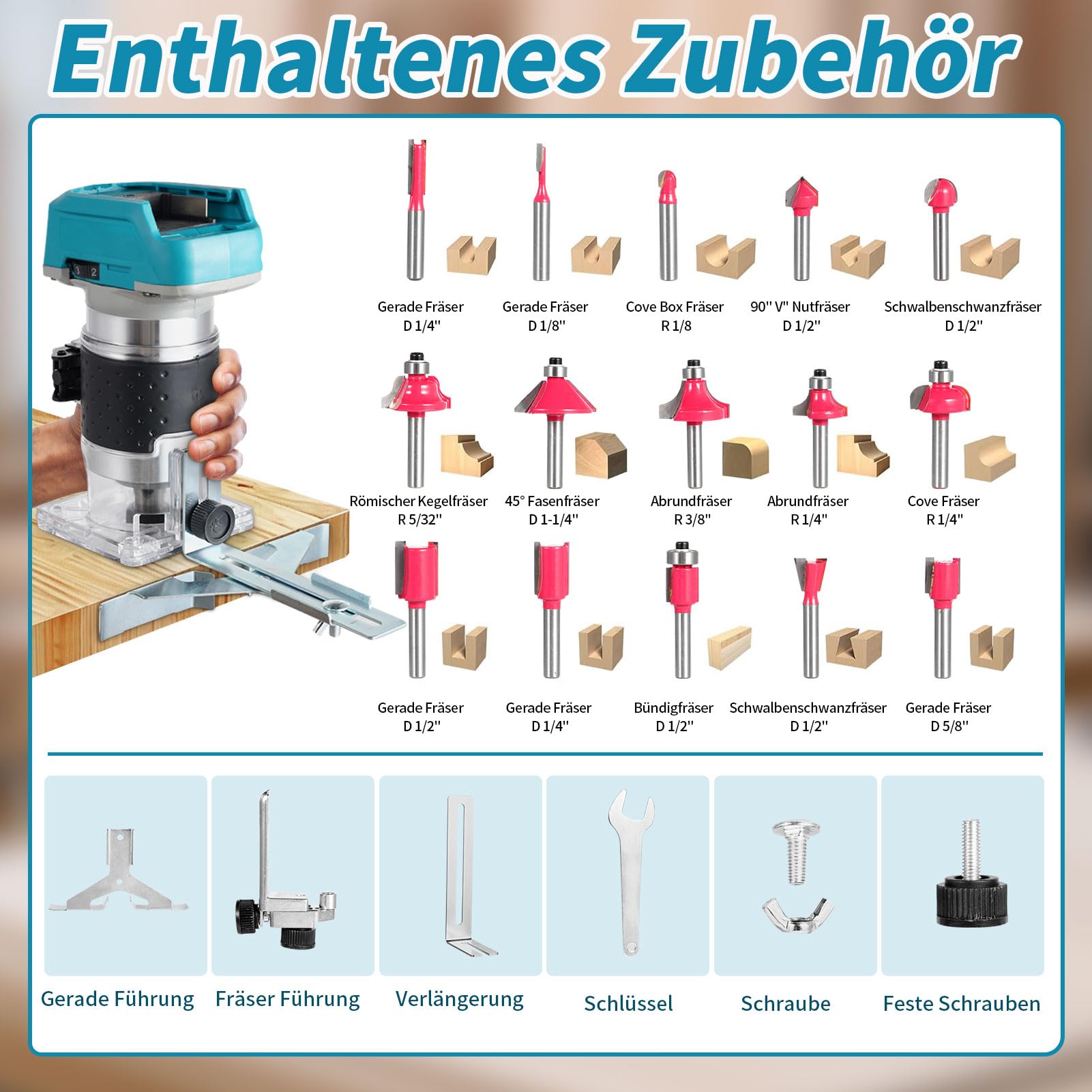 Fresadora con batería de 18 V, 6 niveles ajustables, fresadora de cantos con iluminación LED | Juego de fresas de 15 piezas, 6,35 mm, fresadora manual para proyectos de bricolaje, como tallado de madera y cortes