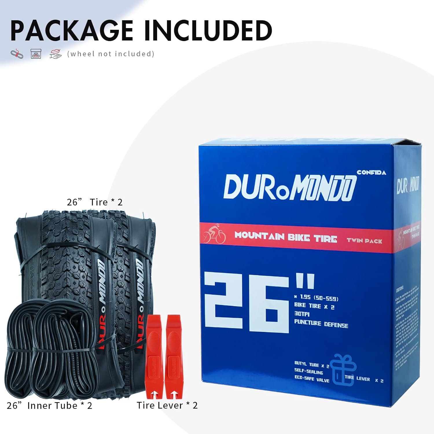 2Pack Mountain Bike Tire Replacement Kit, 20/24/26/29 Bike Tires + 2 Bike Tubes (with Puncture Sealant) + 2 Tire Levers, Folding Bike Tires with Tread Puncture Protection for On or Off-Road Use