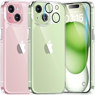TAURI 5-in-1 for iPhone 15 Case Clear, [Not Yellowing] with 2X Screen Protectors + 2X Camera Lens Protectors, [Military Grade Drop Protection] Shockproof Slim Phone Case for iPhone 15, 6.1 Inch