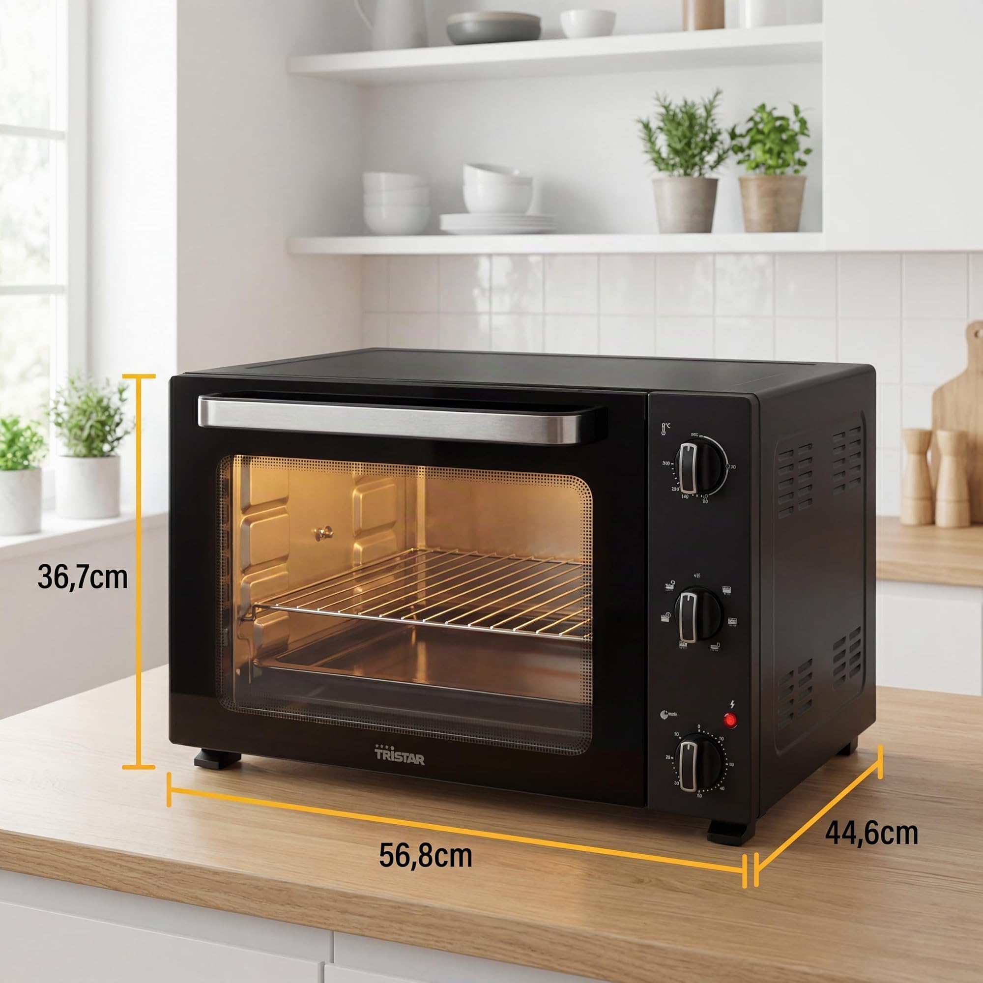 Tristar Horno de Convección 48 L, 1800 W, Aire Caliente con 6 Ajustes, Temporizador 90 Minutos, Puerta Doble Cristal, Luz Interior, Bandeja y Rejilla, OV-3665