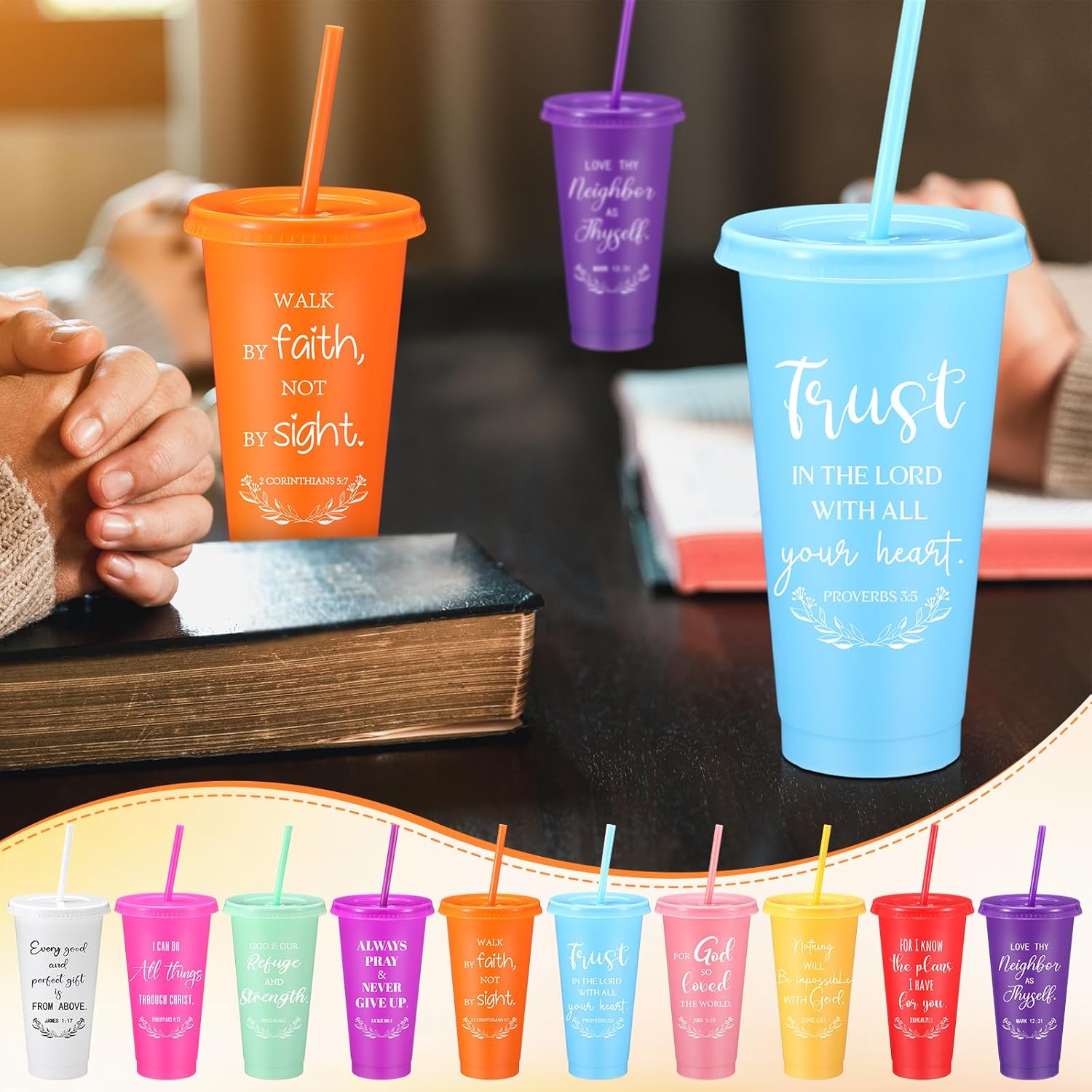 Skylety 40 Sets Valentine Christian Cups Bulk 24oz Bible Verse Plastic Tumbler with Lids Straws Religious Church Gift for Easter VBS Sunday School Party Employee Appreciation Mother (Multicolor) - Image 7