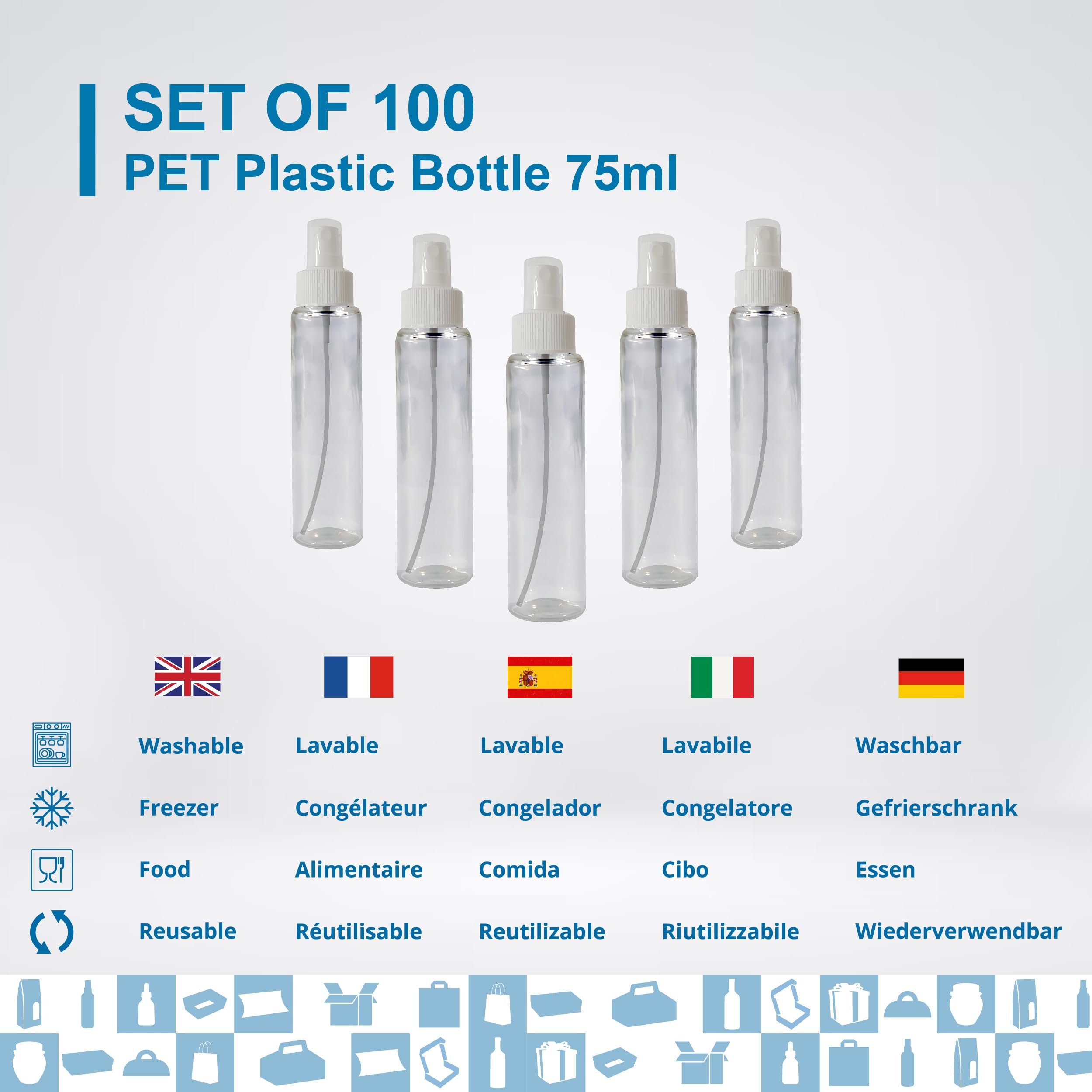 Espirito Rebelde Confezione da 100 flaconi spray vuoti in plastica trasparente da 75 ml, flaconi spray riutilizzabili per cosmetici, profumi, oli essenziali, viaggi, spray