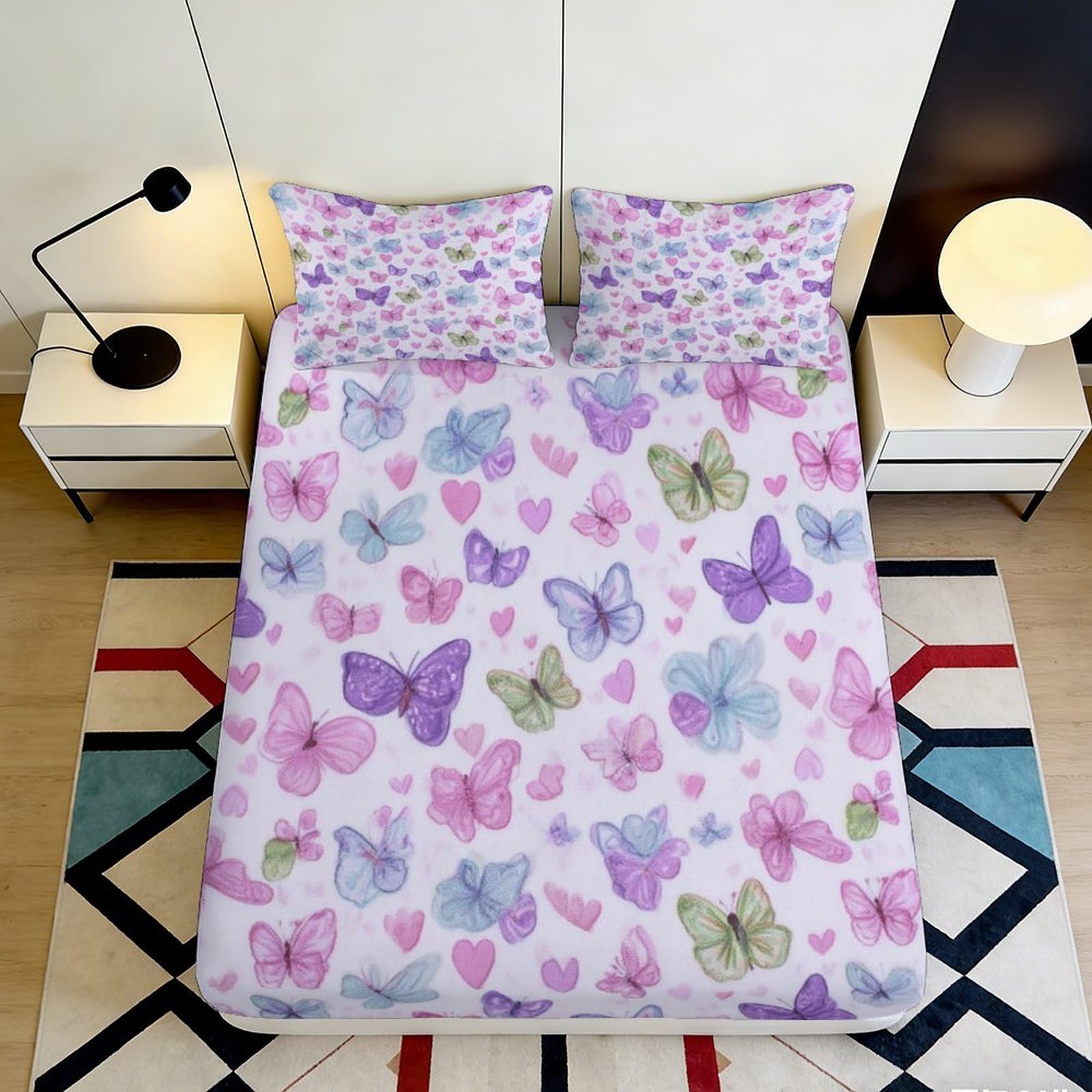 3D Printed Pastel Butterfly Fitted Sheet Microfiber Soft Pink Heart Mattress Cover for Bedroom Dorm Easy Wash 160x200x25cm