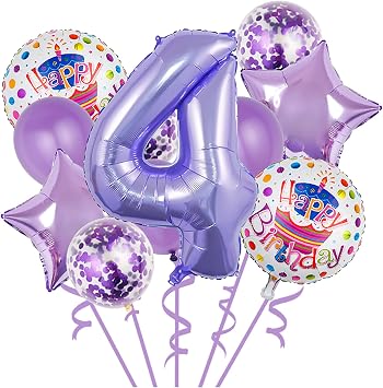 Balloons, 11 pcs Foil Balloons 4 Year Old for 4th Birthday Party Supplies Decoration, Confetti Balloon Kids Party Balloons Birthday Party Supplies 4 Years Old Birthday Balloon for Kids 4th, Purple