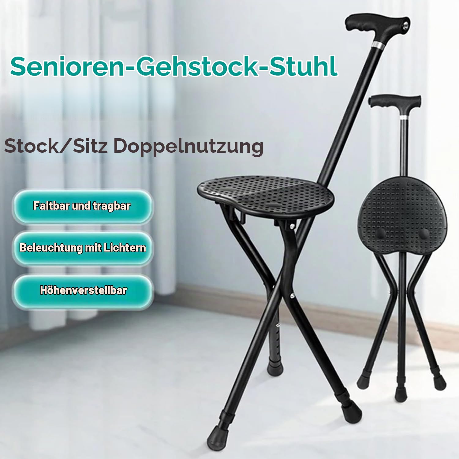 Gehstock Mit Sitz,Sitzstock,Mit 3 Beinen,Faltbarer Mit Ständer,120kg Gewichtskapazität,In Fünf Positionen Höhenverstellbar,Für Ältere Menschen, Behinderte Und Ruhende
