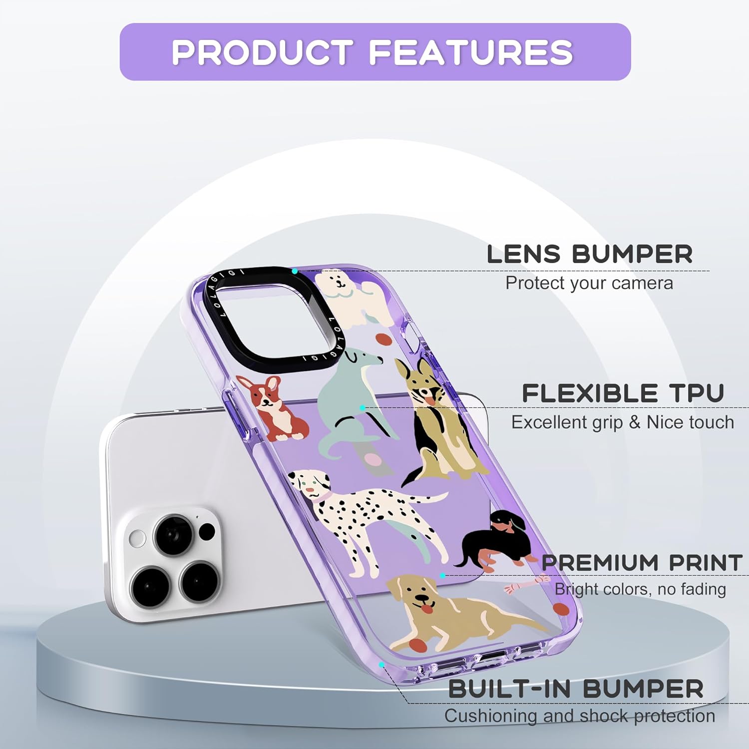 Case for iPhone 15, Purple Cute Puppy Dog Animal Print Girly Design Kawaii Aesthetic Cartoon Pattern for Women Girls Teens Soft TPU Phone Case,6.1" - Image 2