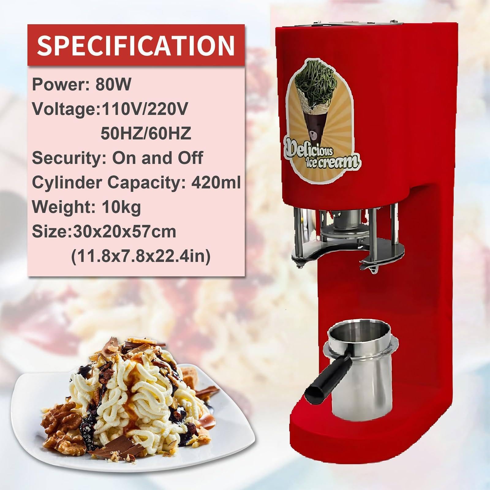 Soft Serve Ice Cream Maker 28–30L/H, 4 austauschbare Spitzen für Spaghetti, Bänder, Heimpartys, kleine Unternehmen