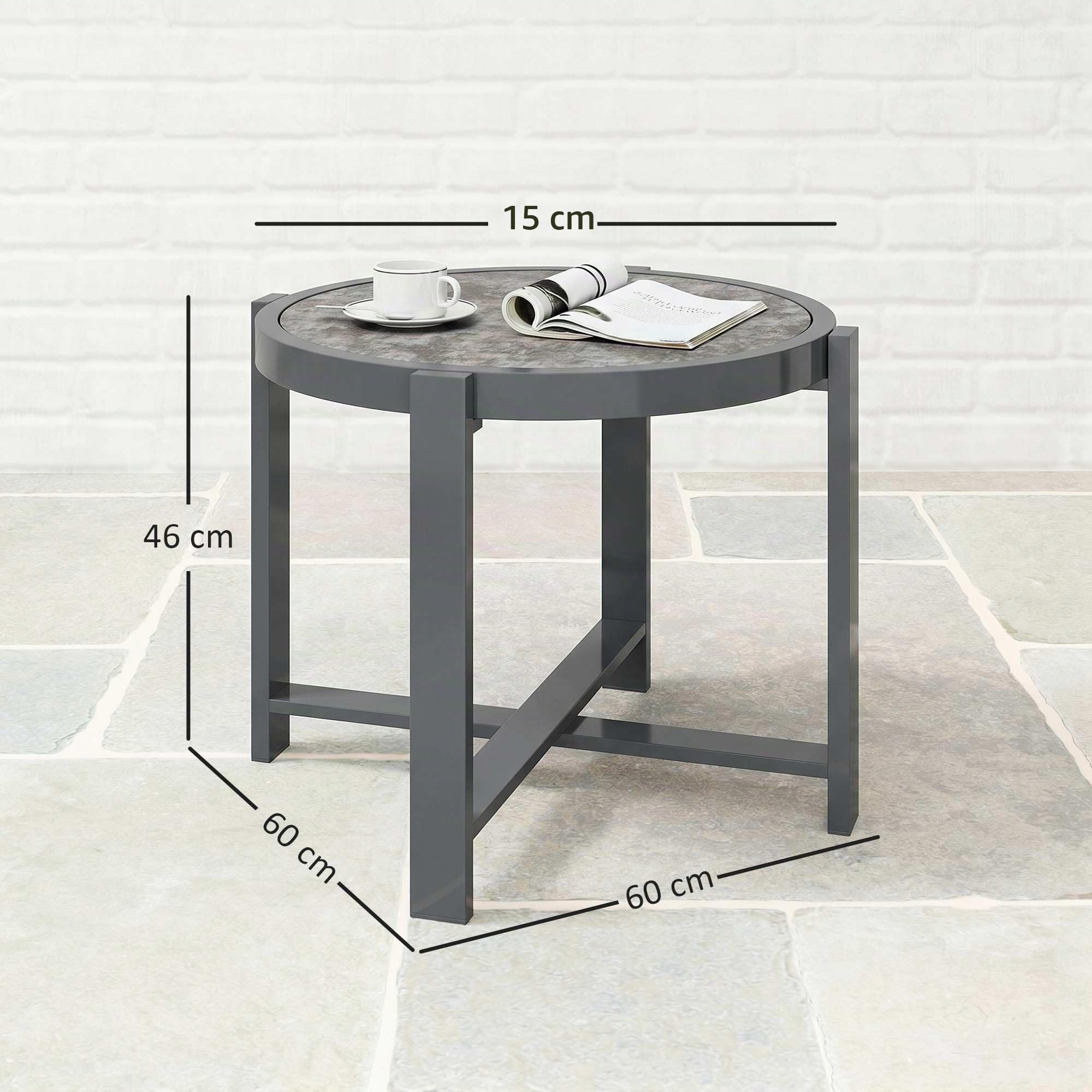 Outsunny Beistelltisch Gartentisch Rund Wetterfest mit Marmoroptik Grau | Aluminium, Balkontisch, Campingtisch, Kaffeetisch, für Wohnzimmer Büro Outdoor Indoor