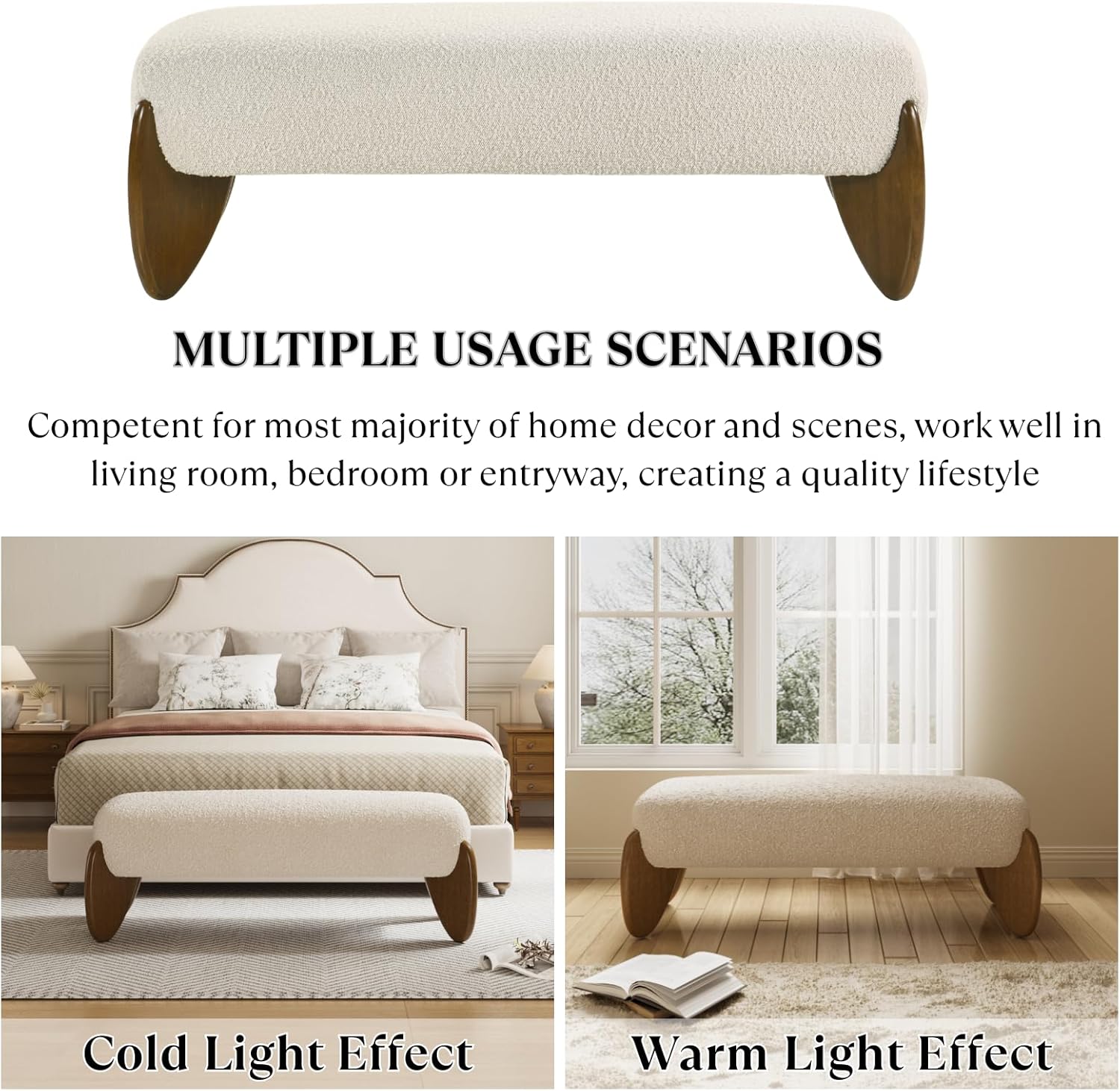 HEAH-YO Entryway Bench, End of Bed Bench with Upholstered Sherpa Cushion, 50” Modern Ottoman with Wood Legs for Bedroom Living Room, Beige