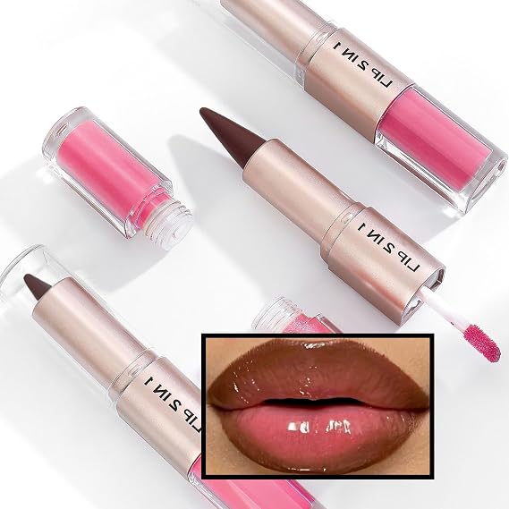 Double-Ended Pink Lipgloss Matte Brown Lip Liner Lipstick, 2-in-1 Glossy Liquid Lip Stick, Hydrating Lipgloss Makeup Tinted Lip Balm Stain, Gift for Women