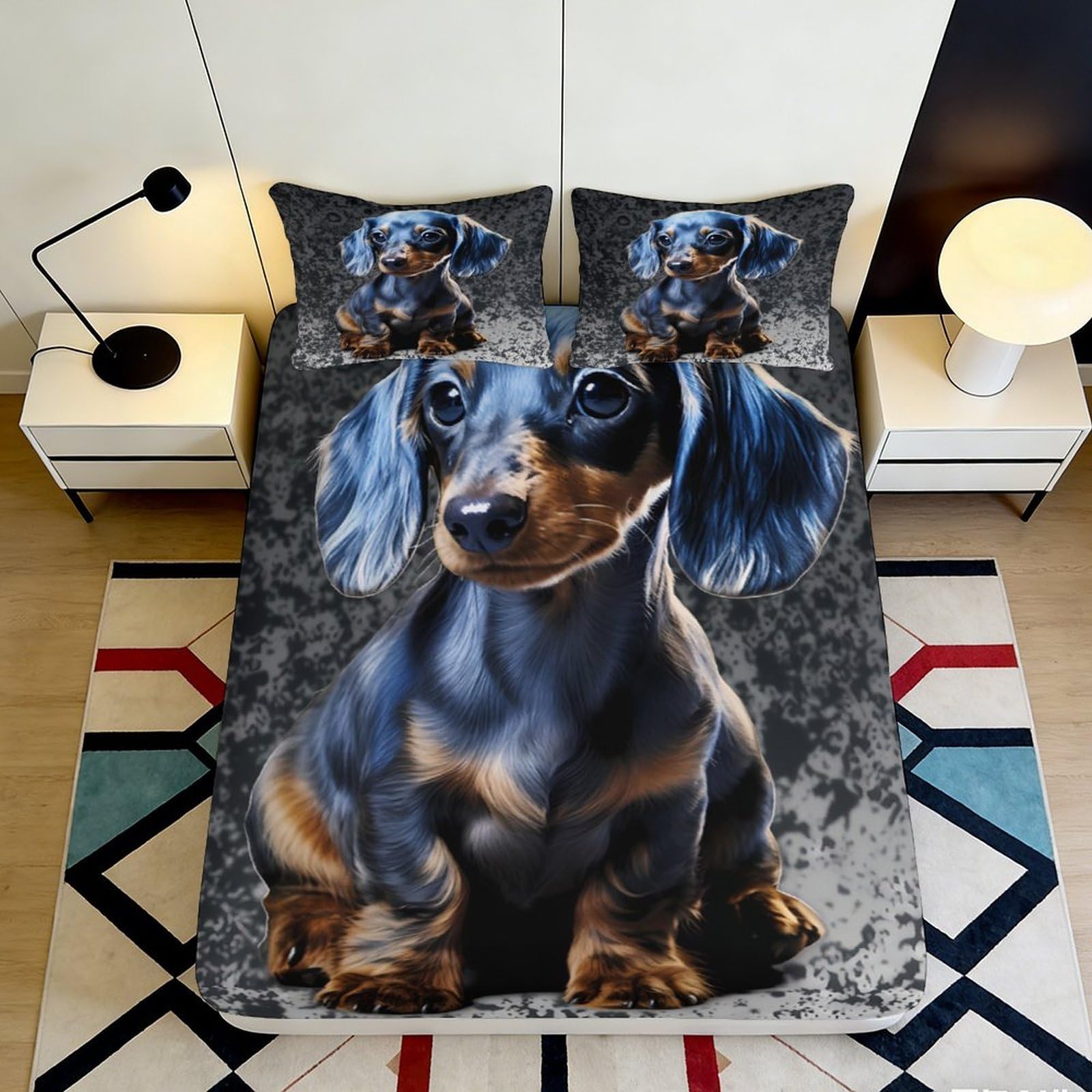Uynsixtme Style-6 3D Printed Dachshund Pattern Fitted Sheet Microfiber Deep Pocket Non-Slip Bedroom Bedding Dachshund Mattress Fitted Cover Washable 140X200x25cm