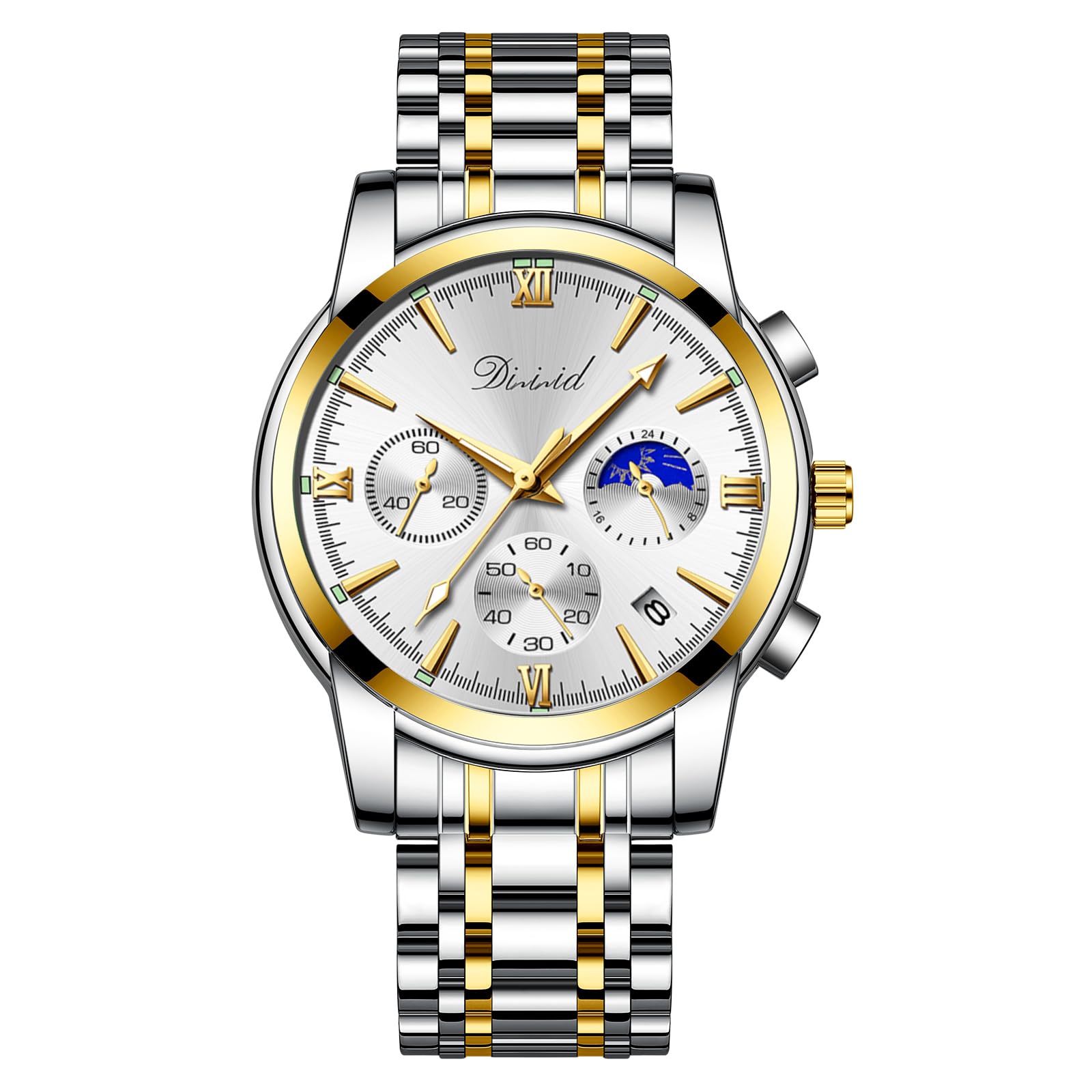 DIZIZID Watches for Man Analog Wrist Watch Stainless Steel Chain Formal Premium Classic Business Branded Original Day Date Functioning Subdials Waterproof Luminous Gifts for Men Special Unique