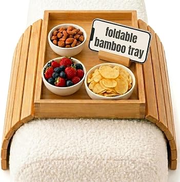 Foldable Bamboo Couch Arm Tray, Portable Armrest Caddy Tray for Sofa