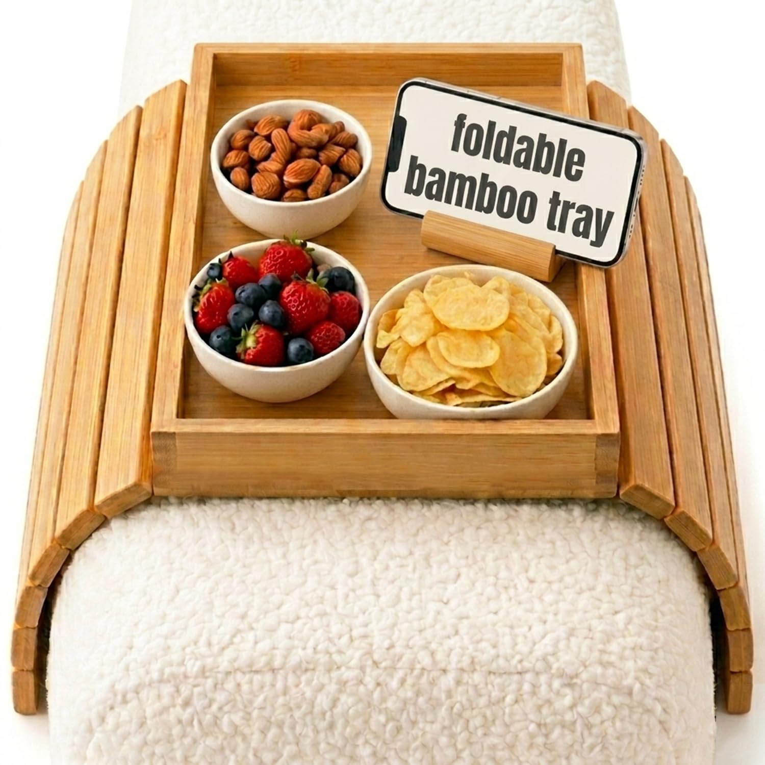 Foldable Bamboo Couch Arm Tray, Portable Armrest Caddy Tray for Sofa