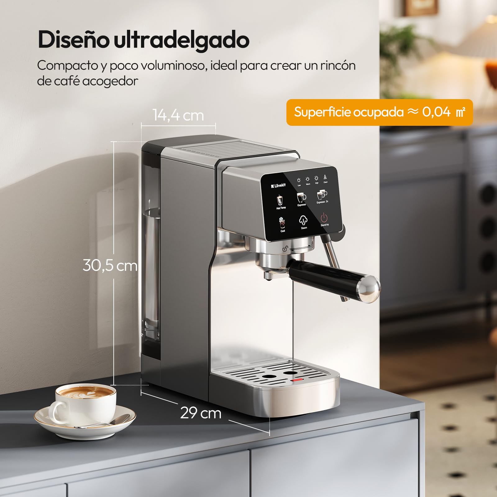 LLIVEKIT 2 en 1 Cafetera Espresso 20 Bares, Espumador de Leche | Compatible Cápsulas y Café Molido, 1350 W, Depósito 1,2 L, Descalcificación y Apagado Automático, Acero Inoxidable