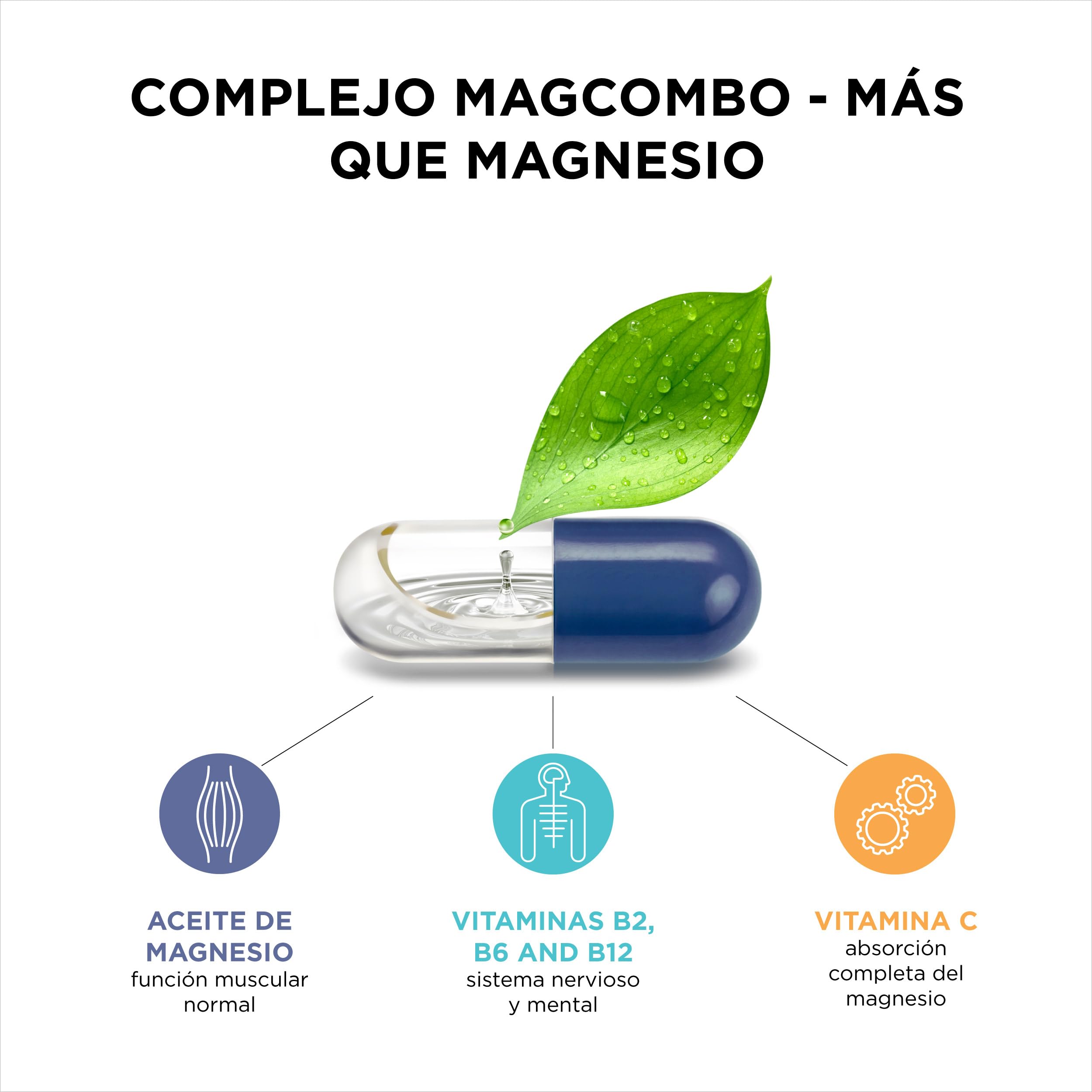 MEJOR ABSORCIÓN La solución oleosa especial de MagCombo, con vitaminas B2, B6, B12 y C añadidas, proporciona máxima absorción y excelentes resultados. (100 dosis)