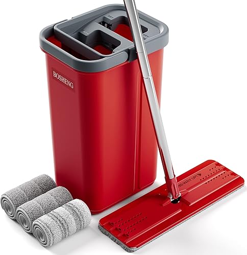 BOSHENG Mopa y cubo con juego de escurridor, fregona plana y cubo, fregona de suelo con 3 almohadillas de microfibra lavables, uso en húmedo y seco,
