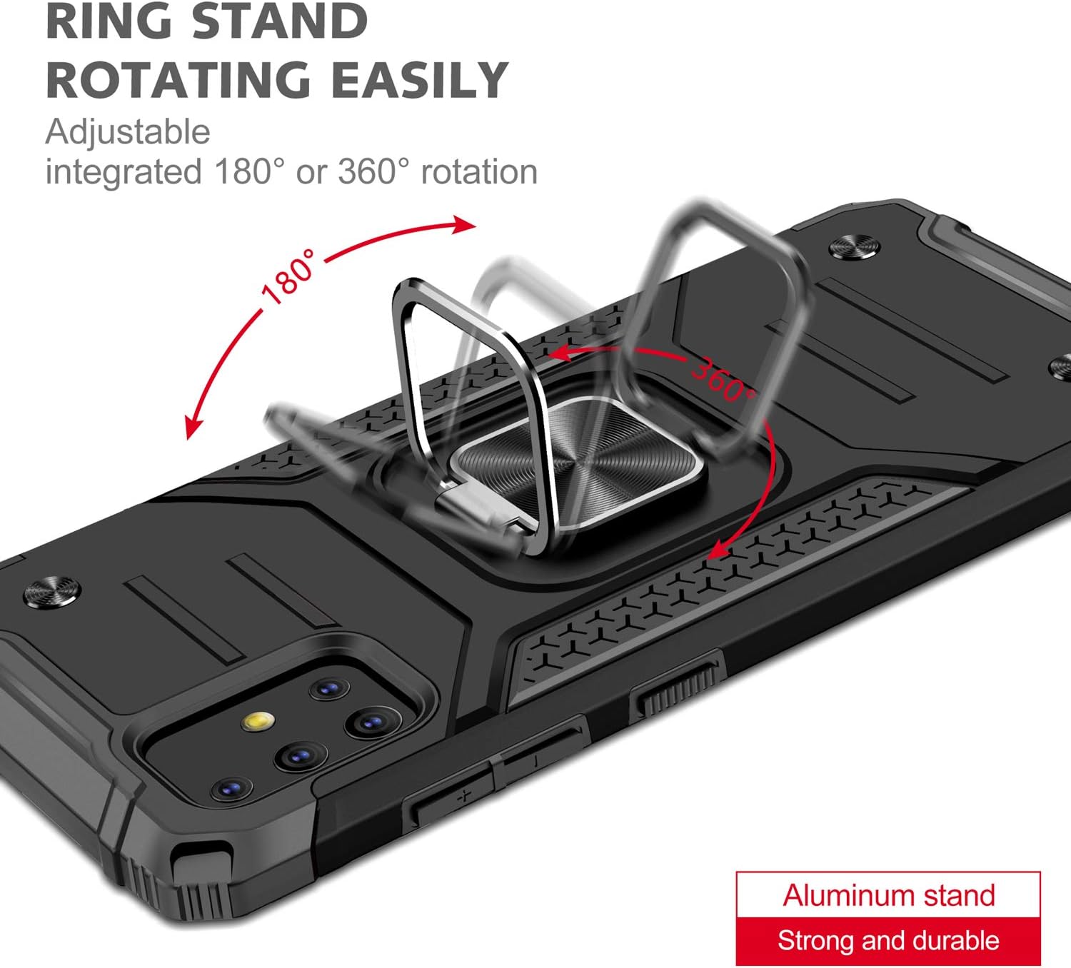 Amytor Designed for Samsung Galaxy A51 4G Case with [ 2 x Tempered Glass Screen Protector] [17Ft. Drop Tested ] [ Military Grade ] Protective Phone Case with Ring Car Mount Kickstand Black