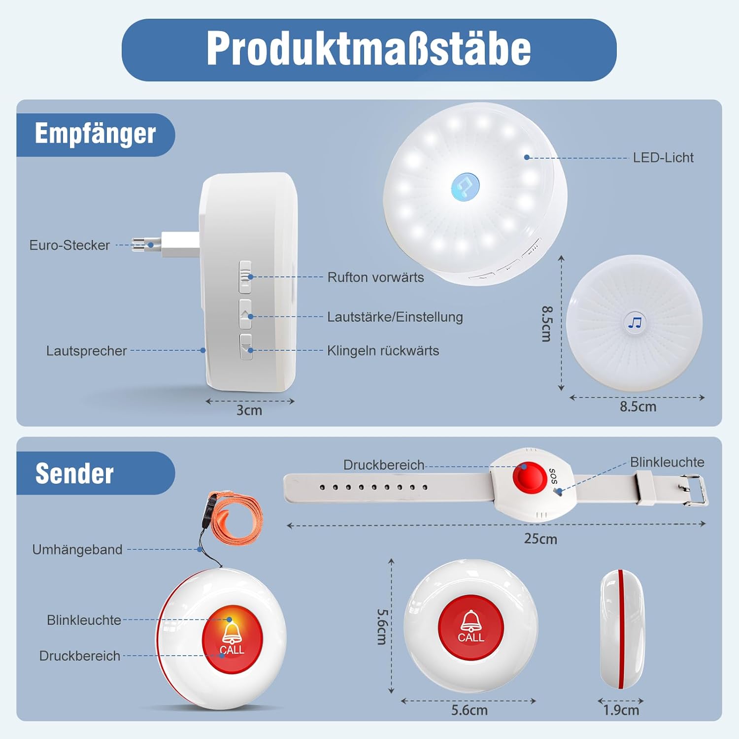 Diagram showing dimensions of the ChunHee receiver and call button transmitters