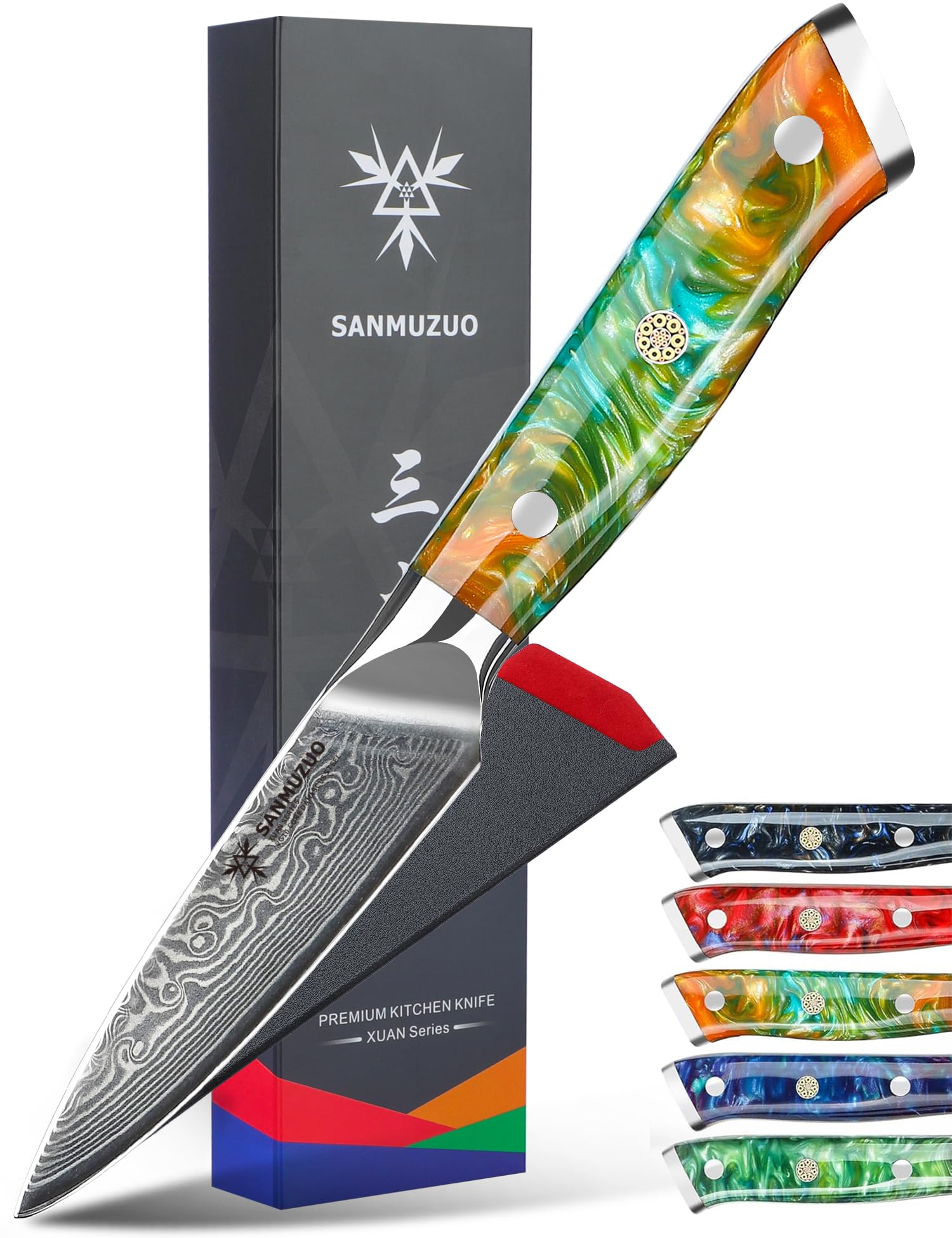 3.5 Inch Paring Knife - Kitchen Fruit Vegetable Knife Damascus Steel & Resin Handle - Xuan Series (Fantasy Orange)