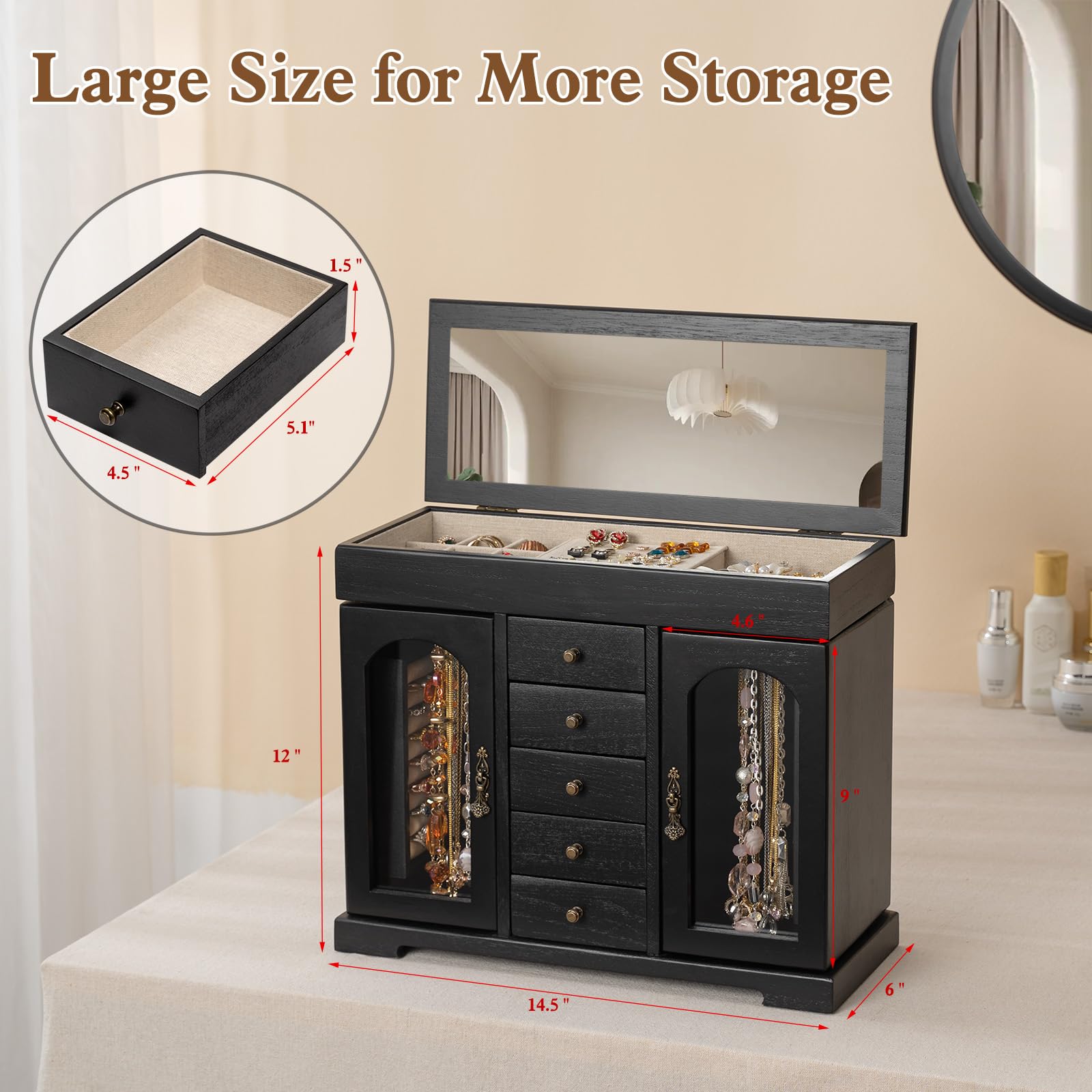 Schmuckkästchen, Rustikales Holz Groß Schmuckkasten Organizers mit Spiegel, Schmuckaufbewahrung, 6 Ebenen Schmuckbox für Ringe, Ohrringe, Halsketten, Armbänder (Schwarz)