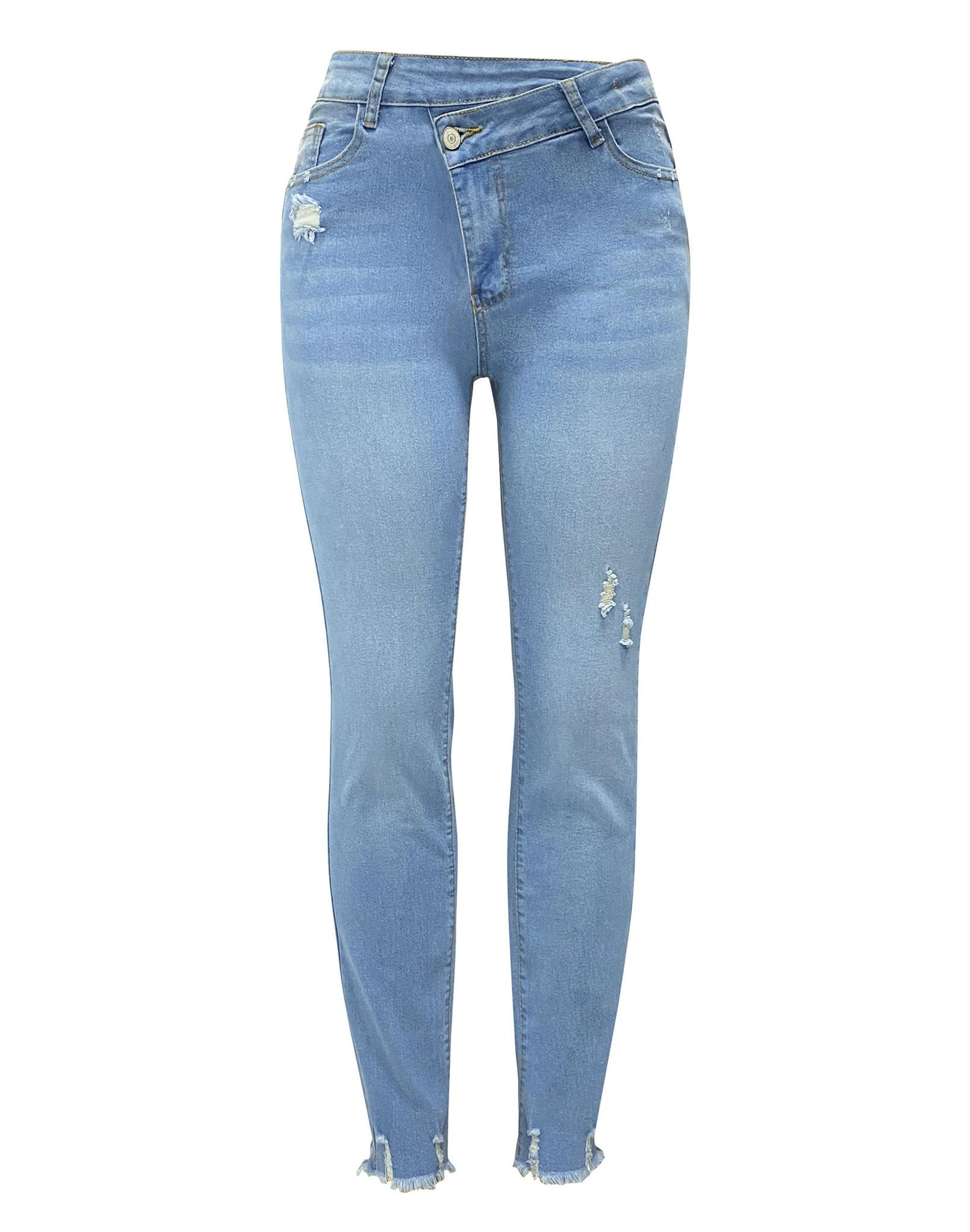Jeans da Donna Design Obliquo alla Moda Femminile Elastico Temperamento Dritto per Pendolarismo Lavati-Azzurro-XL