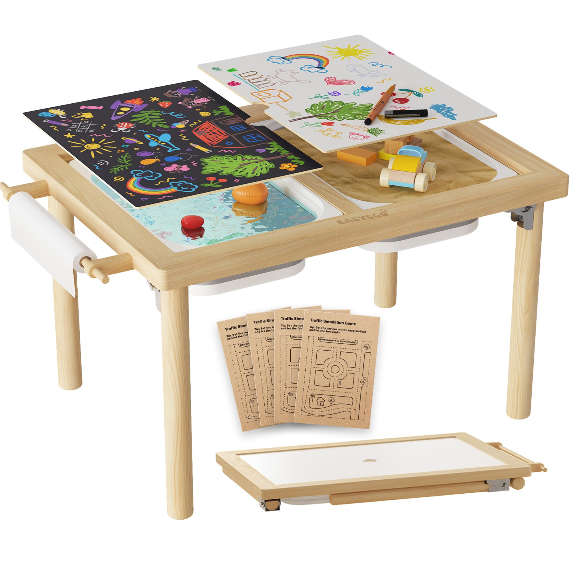 Easyego Sensory Table for Toddlers Kids Play Wooden Sand Water Table with Double-Sided Board & Foldable Storage Bins for Indoor and Outdoor Use, Birthday Gifts for Boys and Girls