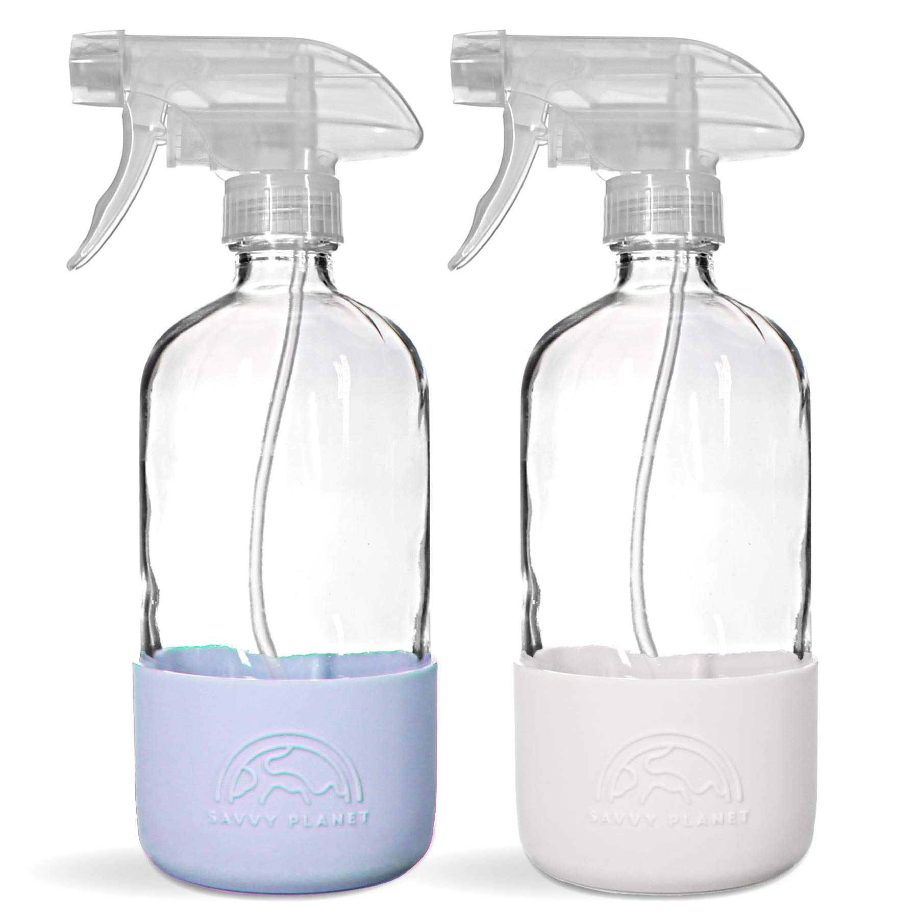 Empty Clear Glass Spray Bottles with Silicone Sleeve Protection - Refillable 16 oz Containers for Cleaning Solutions, Essential Oils - Quality Sprayer - 2 Pack