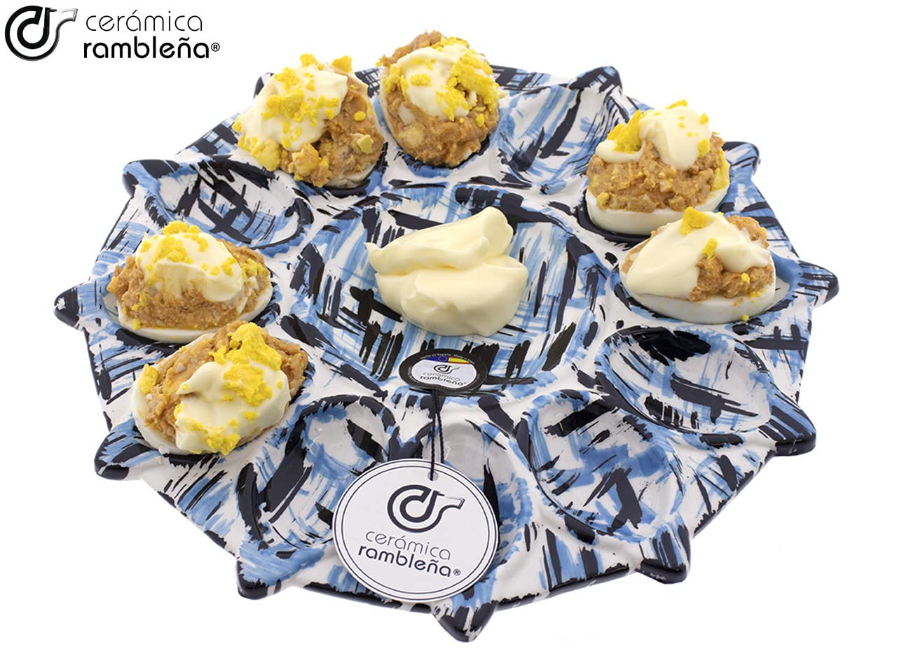 CÉRAMIQUE RAMBLEGNE | Oeuf | Plat à œufs farcis | Plateau céramique | Œufs farcis | Oeufs assiette | Coquetier amazon | Assiette oeufs modèle - M07 | Décoration 100% faite à la main | 26x26x2.5 cm