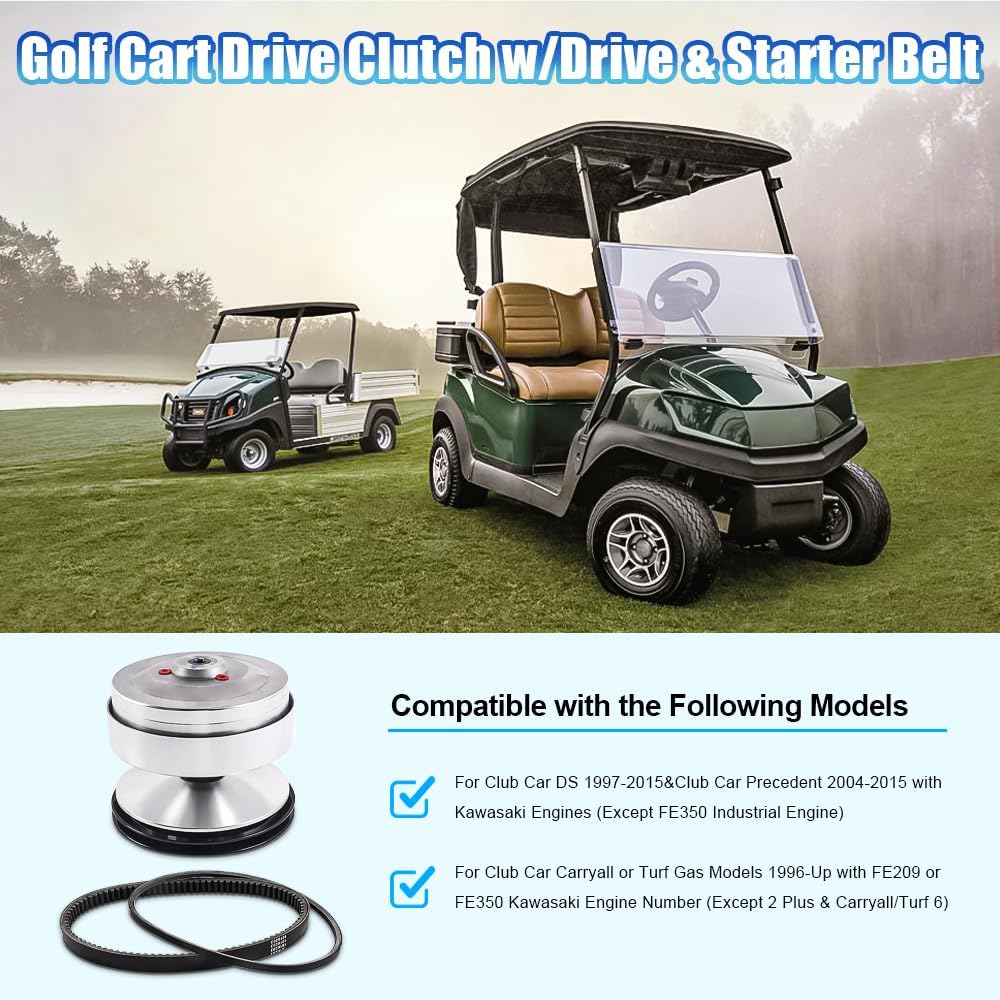 Golf Cart Drive Clutch w/Drive&Starter Belt, Compatible with Club Car DS/Precedent/Carryall/Turf Gas Models 1997-up with Kawasaki Engines, Silver Drive Clutch Assembly, Replace# 101833902