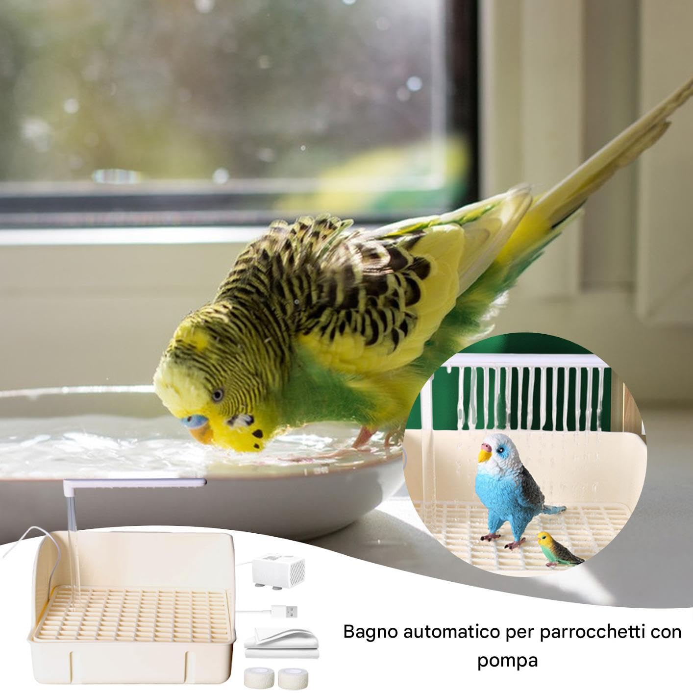 BAJO AUTOMÁTICO - DOPUGA 'ACCHADO | Bañera para loros circulantes con | bomba | Amplio contenedor para el baño del gorrión de diseño | Accesorio para jaula para animales domésticos para conuce