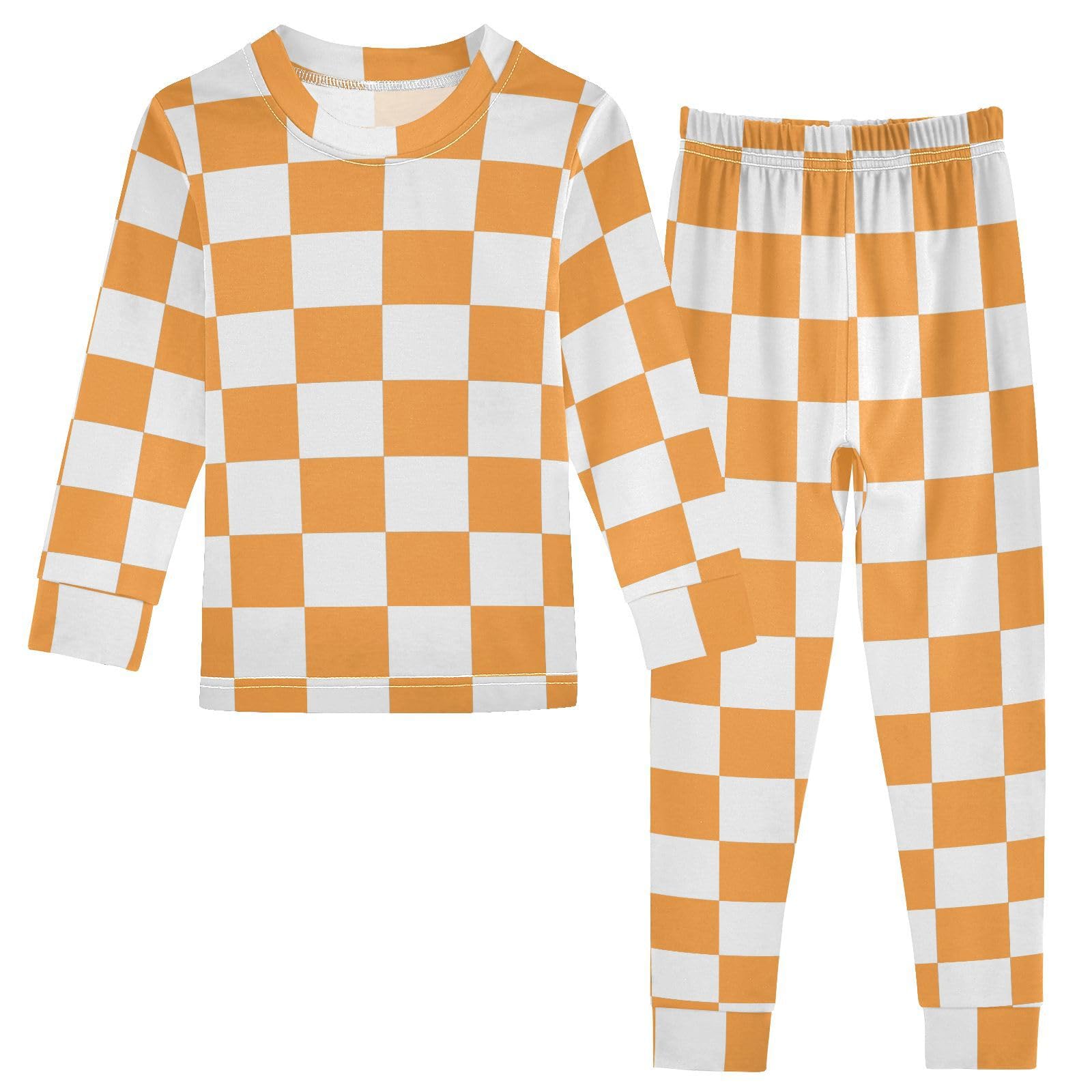 SPRIPORT Orange Checkerboard Plaid Soft Comfy Pajama Set Cotton Sleepwear Long Sleeve Top and Pants 2 Piece Pjs Set 3T