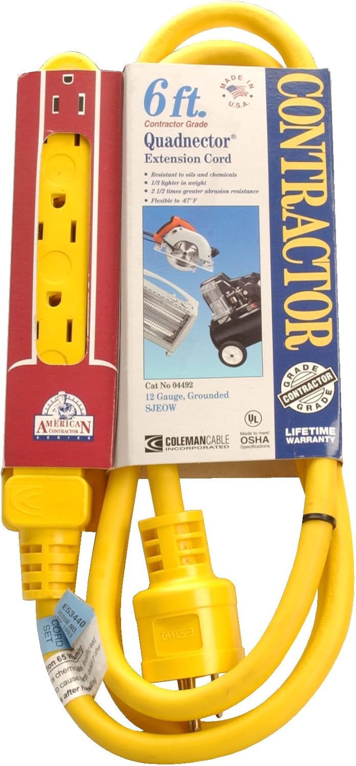 Coleman Cable 04492 6-Feet 12/3-Wire Gauge 4-Way SEOW Outdoor Vinyl Extension Cord