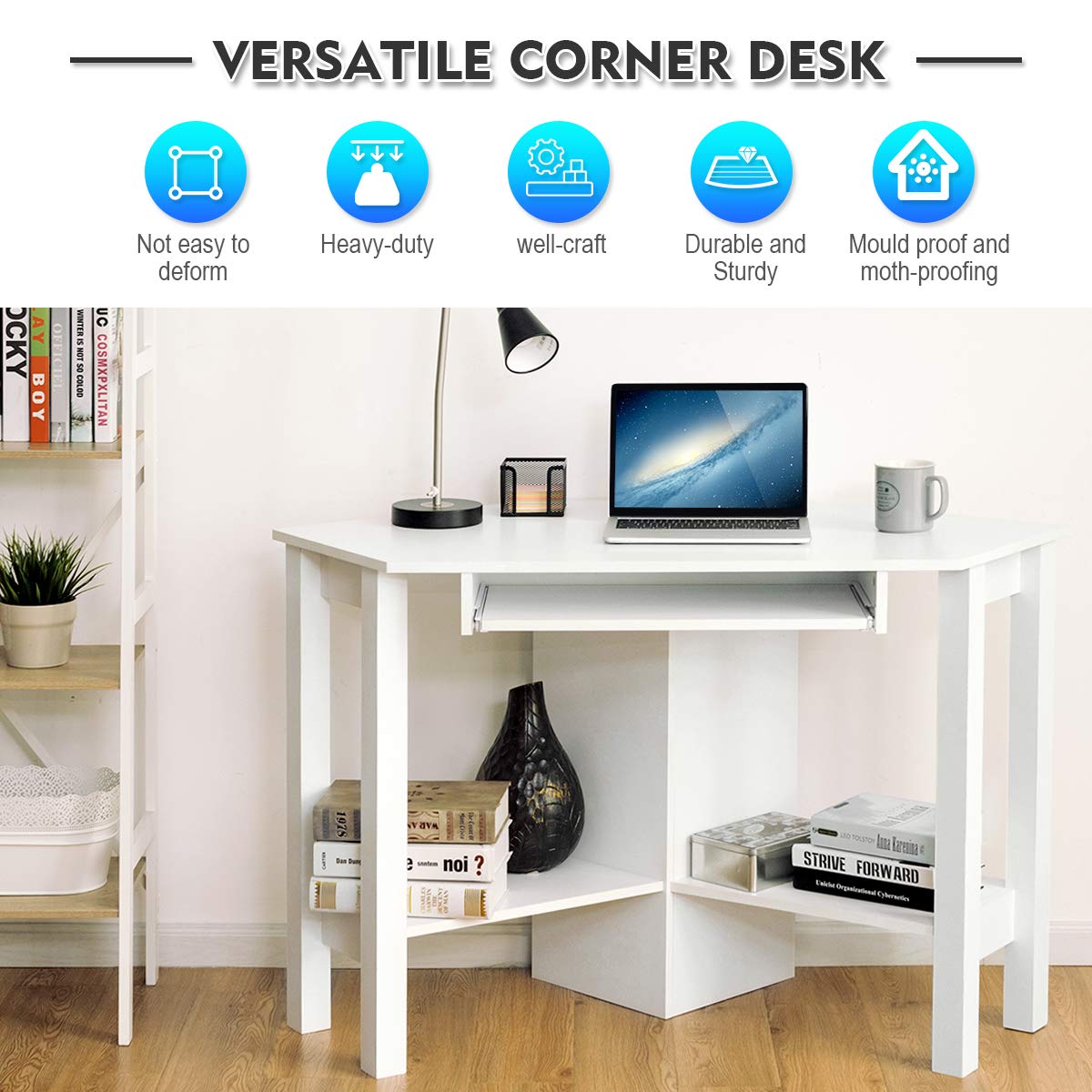 Tangkula White Corner Desk, Corner Computer Desk with Smooth Keyboard Tray for Small Space