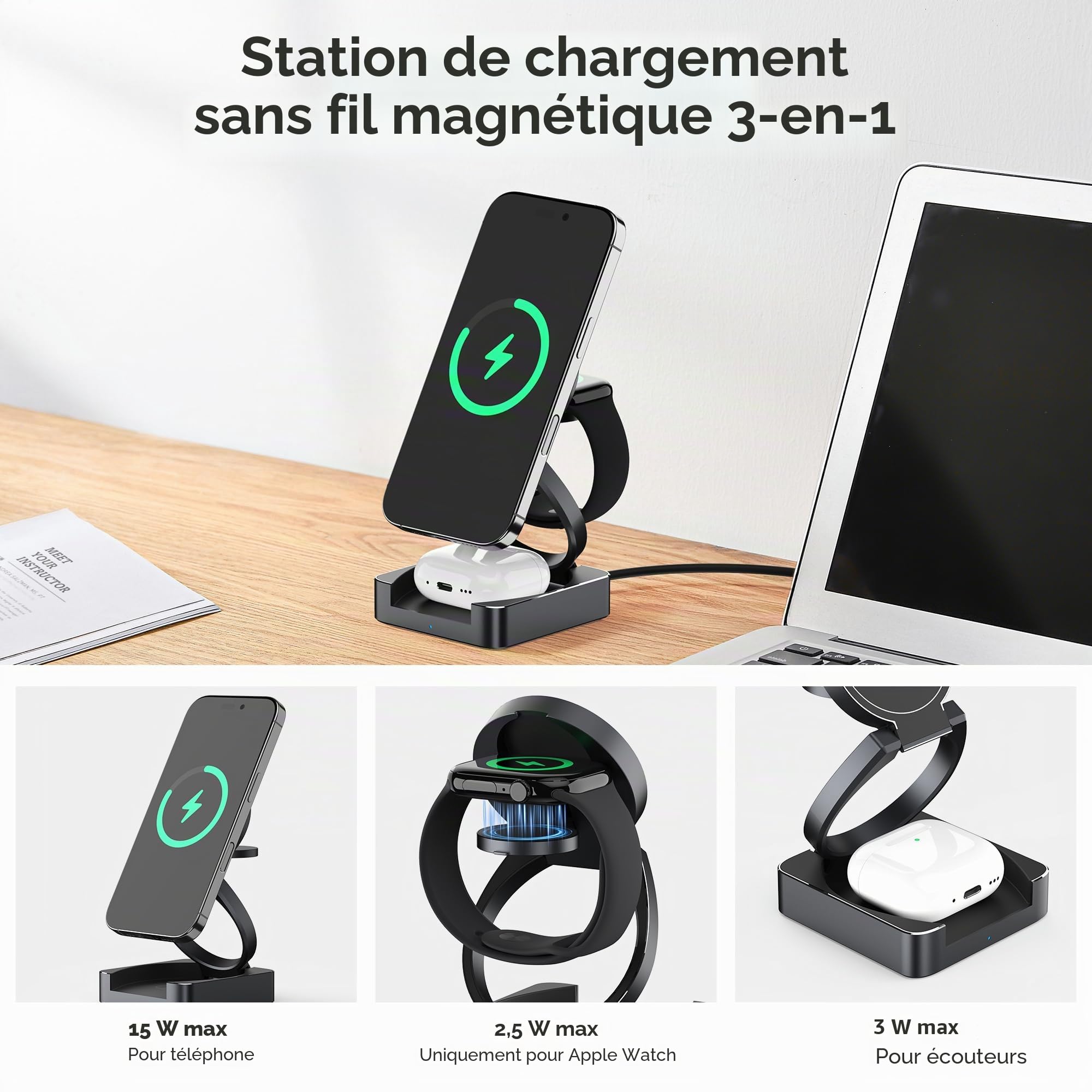 Chargeur Induction 3 en 1 Qi2 15W Magnétique en Aluminium pour iPhone 17/16/15 Pro Max, AirPods 4/3/2/Pro, Apple Watch S10/9/8, Station de Charge Rapide sans Fil pour Plusieurs Appareils