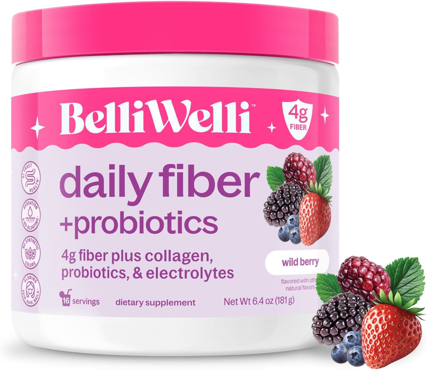 Belli Welli Daily Fiber Powder Supplement with Collagen, Probiotics & Electrolytes | Supports Digestive Health, Gut Balance & Deinflammation | Berry | 16 Servings