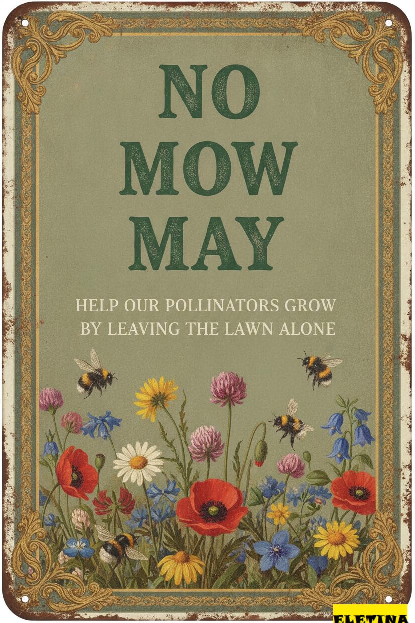 No Mow May Help Pollinators Grow Leave Lawn Alone Metal Garden Stake Tin Sign Wildflowers Bee Outdoor Decor 8x12in