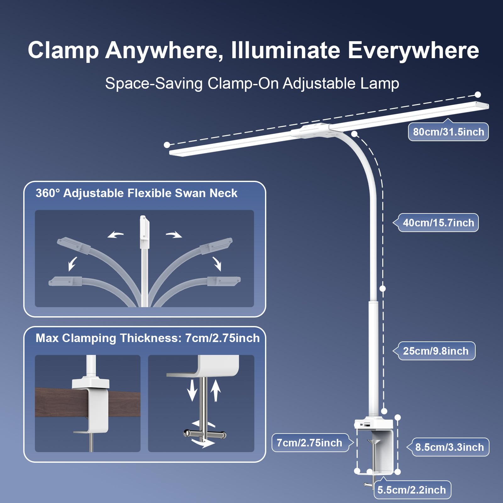 Lampa biurkowa LED 24 W z zaciskiem - 1500 lm 80 cm lampa do czytania łabędzia z pilotem, port ładowania USB do domu i biura, biała