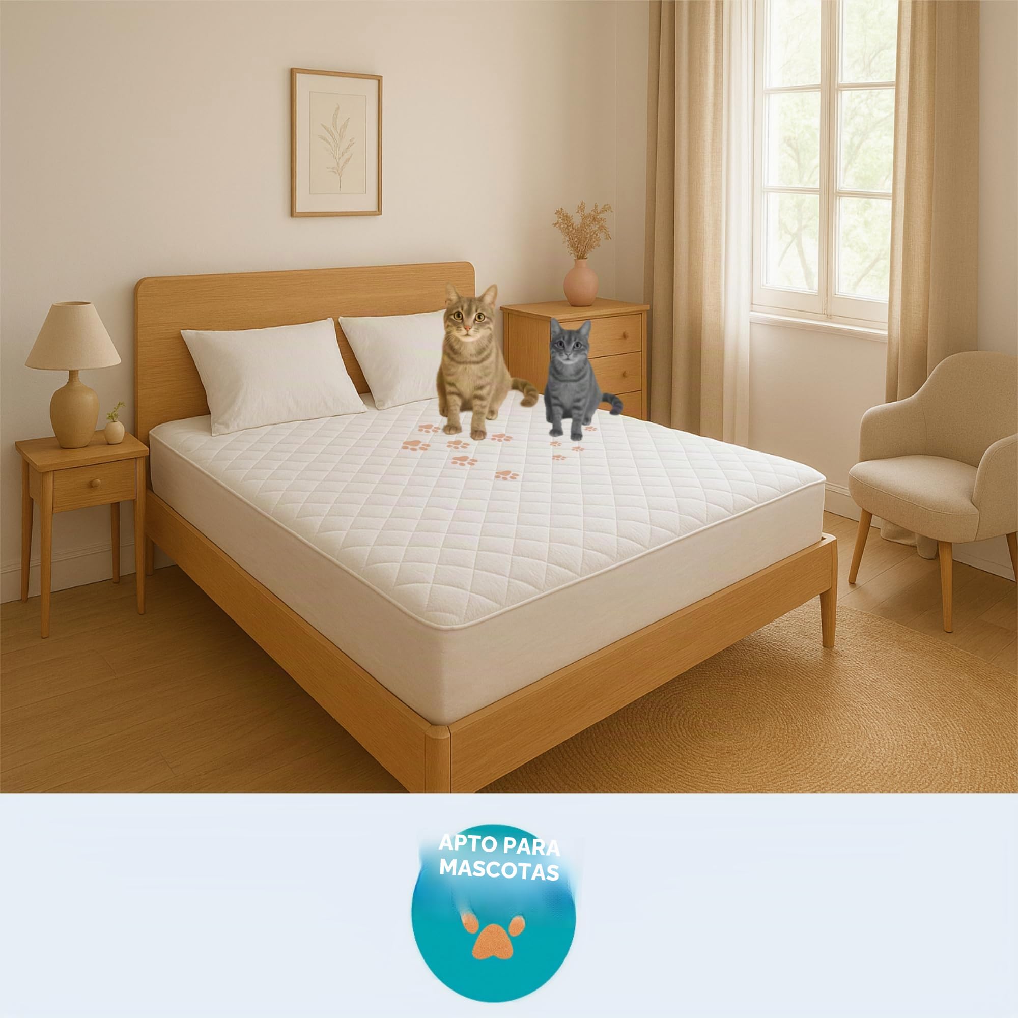 Protector de colchón de algodón, colchón Acolchado con Tratamiento antialérgico, Impermeable, antiácaros, Flexible y silencioso, Protector Transpirable (Blanco, 160 x 190/200 + (35-40))