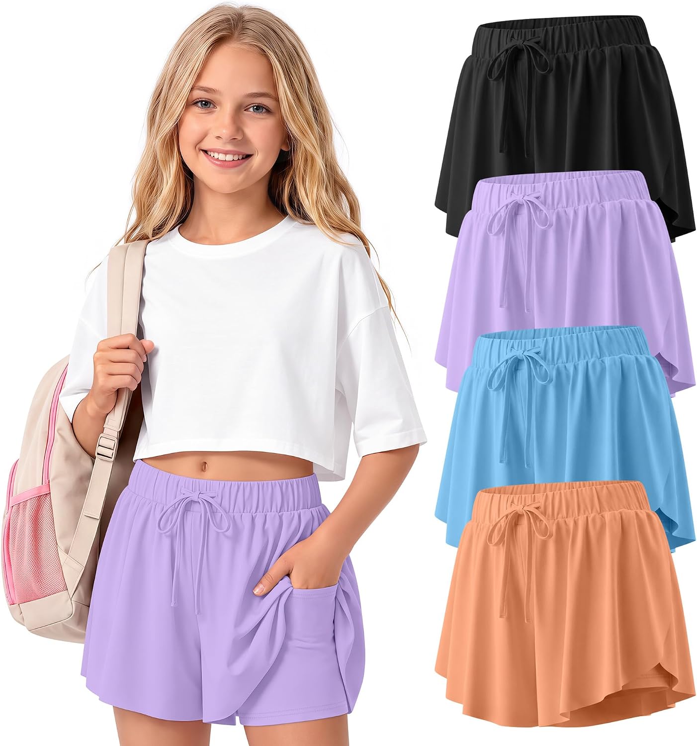 Didaey 4 Pack Girls Athletic Butterfly Short Kids Flowy Skort