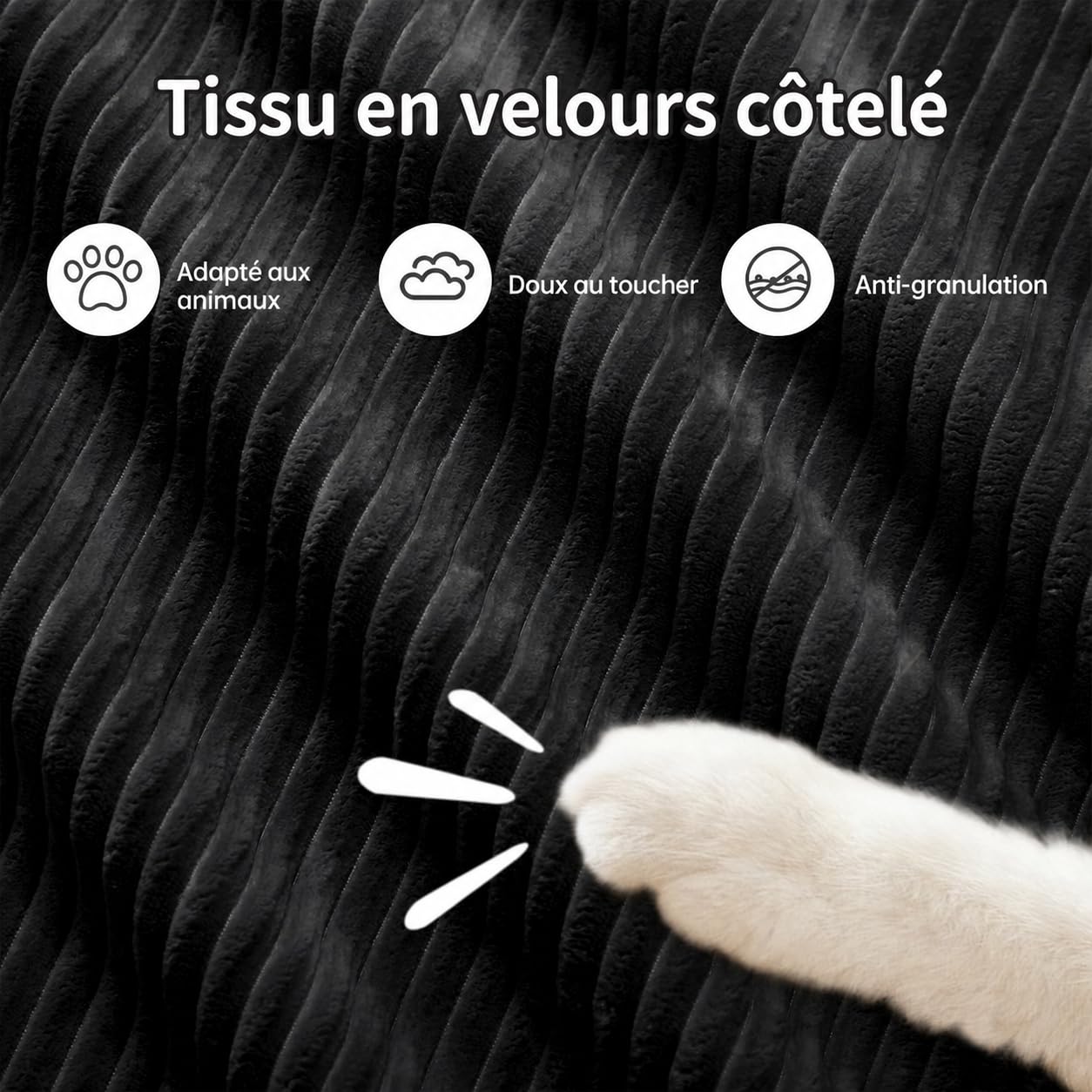 Divano a 3 posti in velluto a coste nero 298x103x70 cm, senza