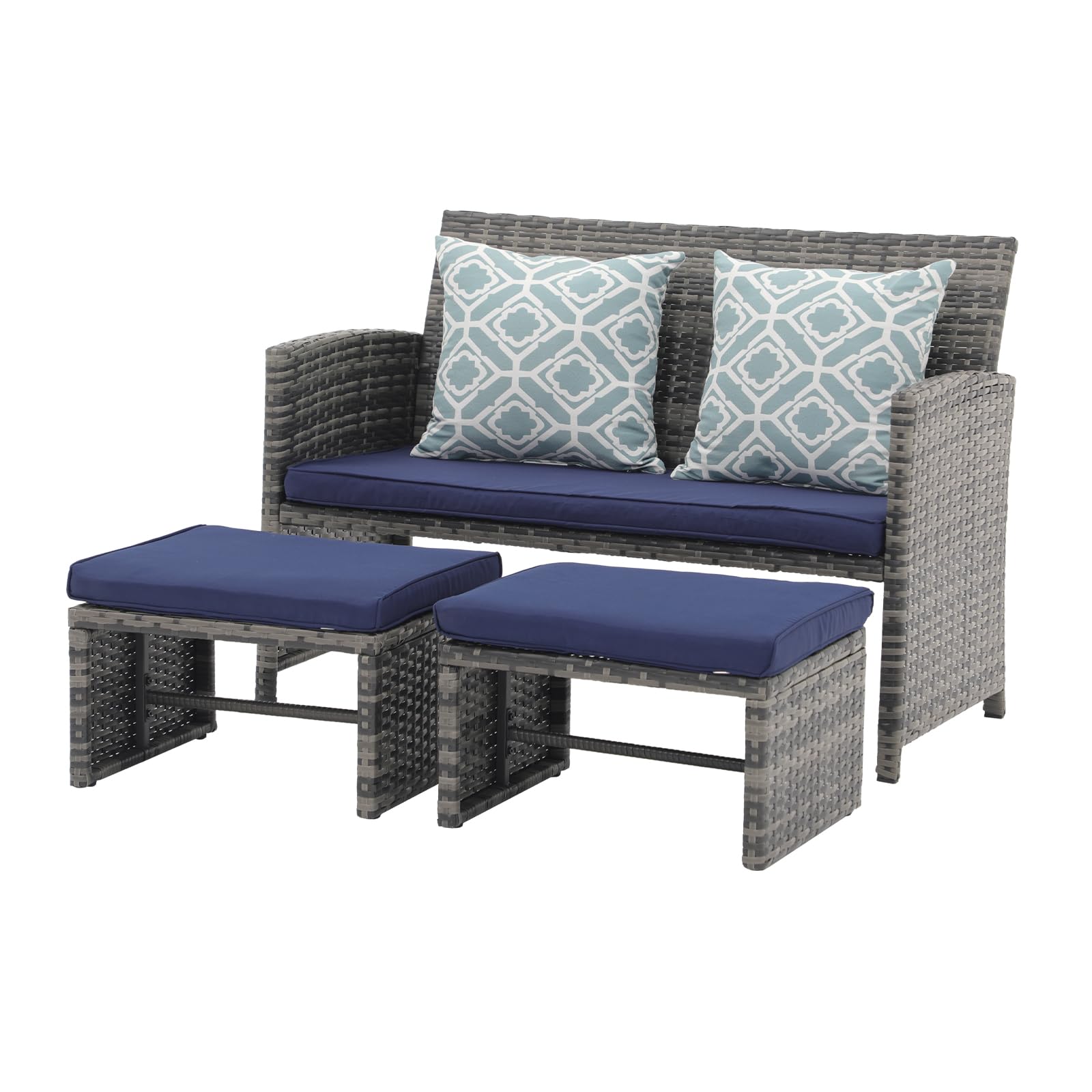 OC Orange-Casual Outdoor Loveseat, 3-TLG Terrassenmöbel-Set, Allwetter Rattan Gartenbank mit 2 Hocker, Grau Rattan&Blau Kissen