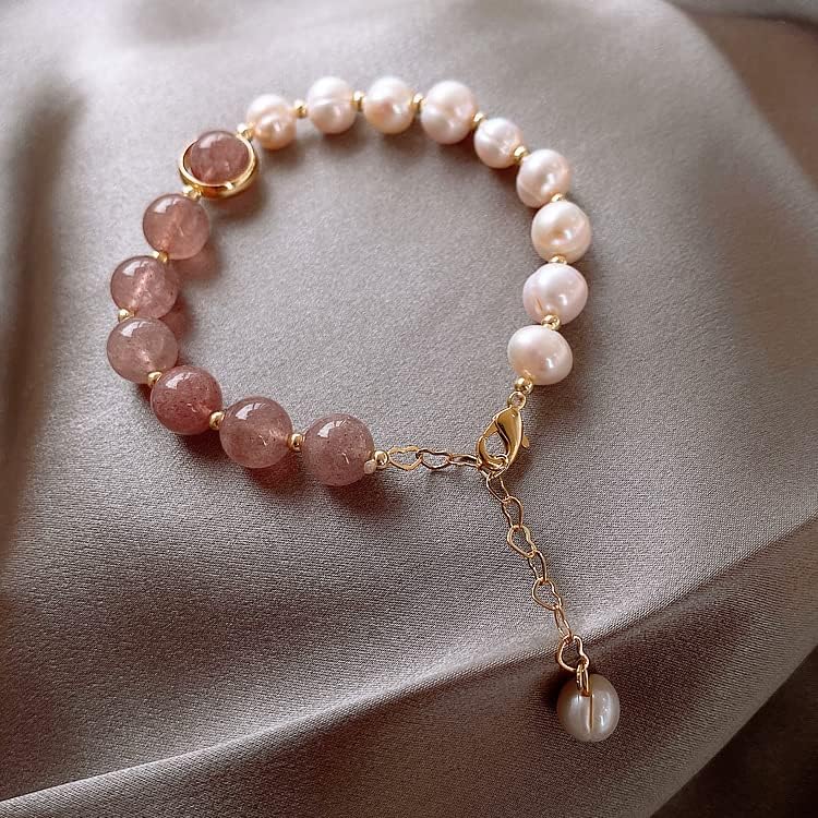 Women's Natural Strawberry Crystal & Baroque Pearl Beaded Bracelet, 8mm Simple Elegant Design, Attracts Love & Luck - Image 3