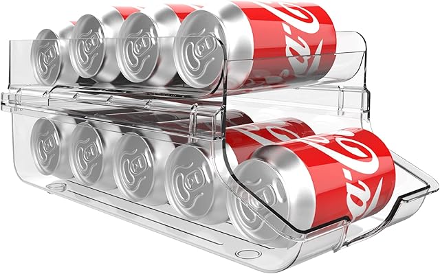 FINEW Can Dispenser Fridge Storage, 2 Tier Automatic Rolling Can Organiser, Disassembled Drink Cans Holder Refrigerator Organizer for Kitchen Cupboard 330ml Beer Soda Pop Cans Storage