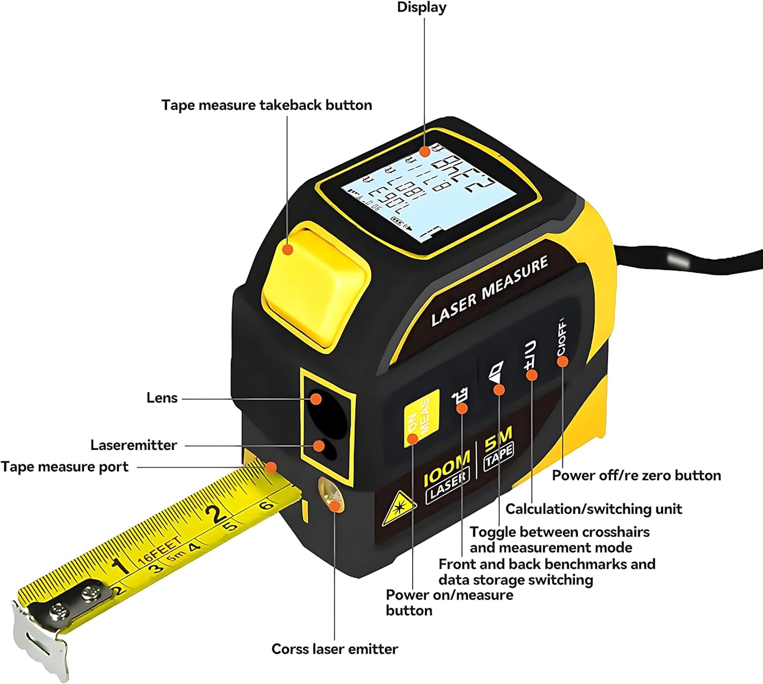 4-in-1 Digital Laser Tape Measure, 16FT Measuring Tape, 328ft Laser Distance Meter, Cross-Line Laser Ruler, Rechargeable, 3000 Uses/Charge, for DIY & Construction