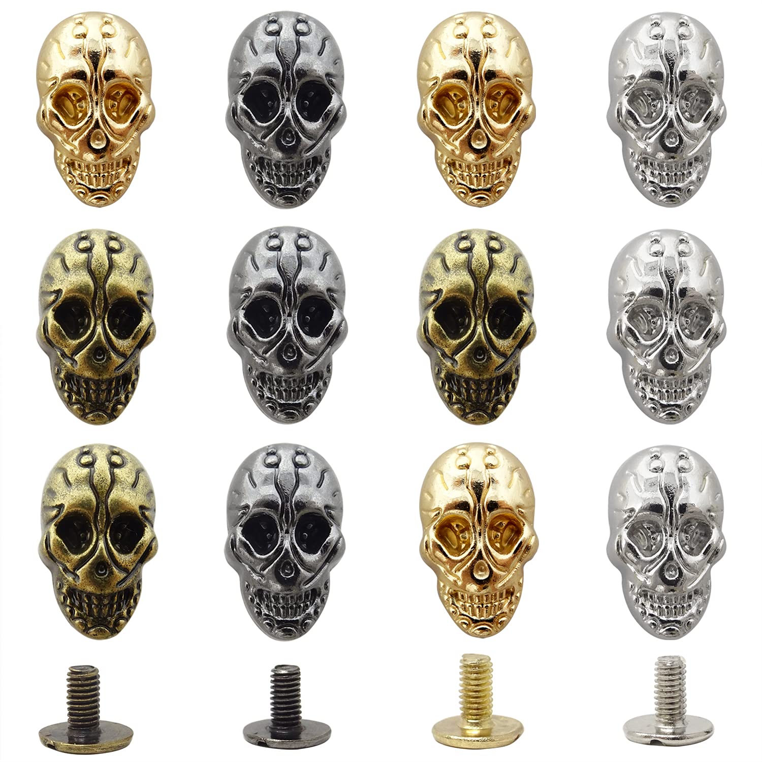 Honbay 12PCS Alloy Punk Skull Rivets Ghost Head Screw Studs Metal Skull Crossbone Decorative Buttons with Screws for Bag Hat Shoe Jacket Leather Belt (4 Color)