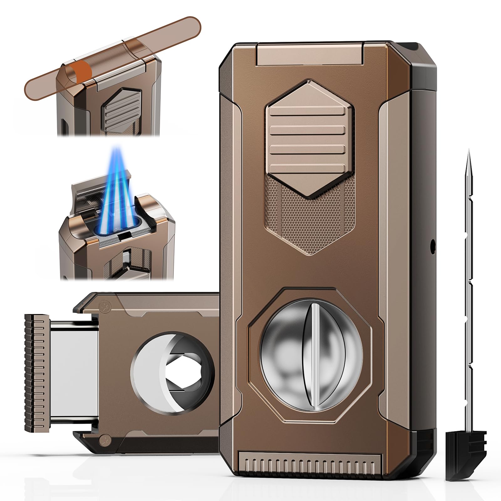 5-in-1 Torch Lighter, Butane Lighter with Straight & V Cutter, Holder, Draw Enhancer Tool, Triple Windproof Flame, Refillable Butane Torch Lighter, Cool Lighters with Gift Box for Men, Travel, Candle